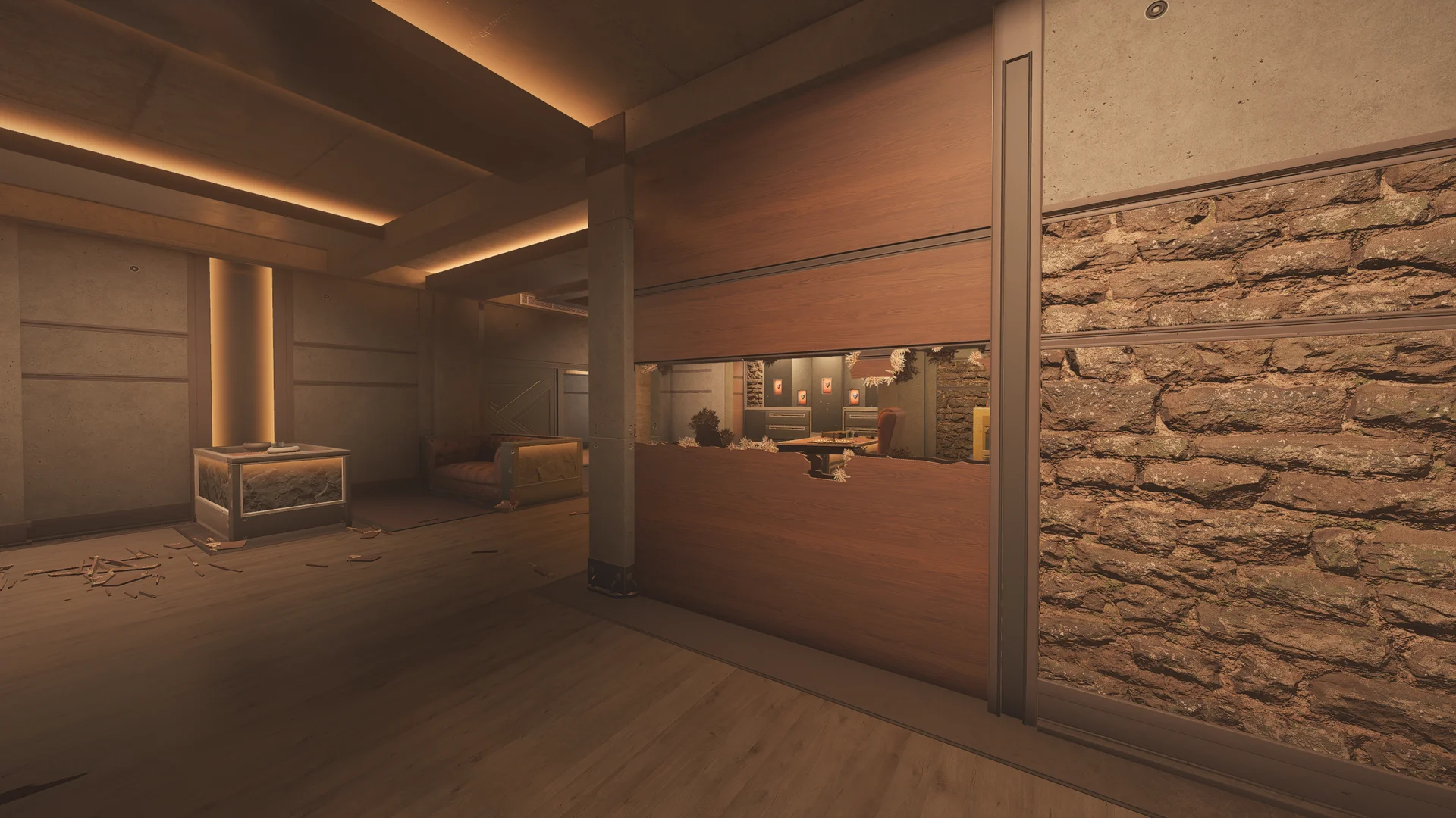 Lounge on Lair 2F with a lit stone display pedestal, a stone accent wall, a wood-panel wall with a breach hole, and a sofa