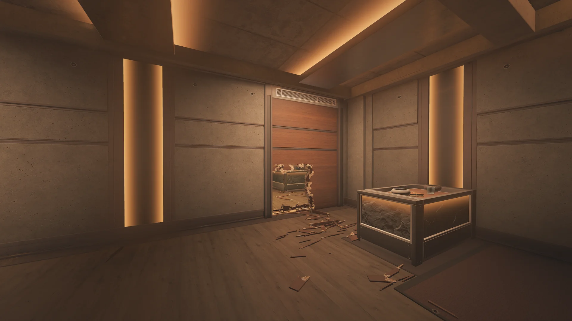 Lounge on Lair 2F with a lit glass display pedestal, cove-lit concrete walls, and a wood-panel wall with a breach hole to an adjacent room