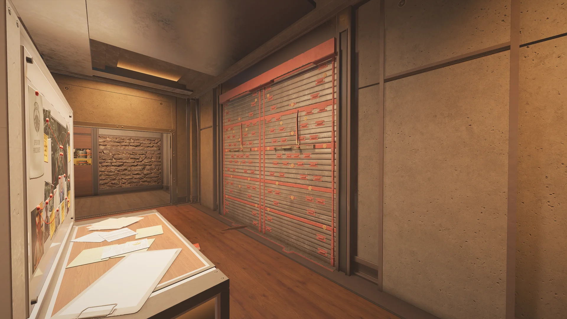 Study on Lair 2F with a lit display case, a pinboard of maps linked by string, a reinforced shutter, and a doorway to a stone room