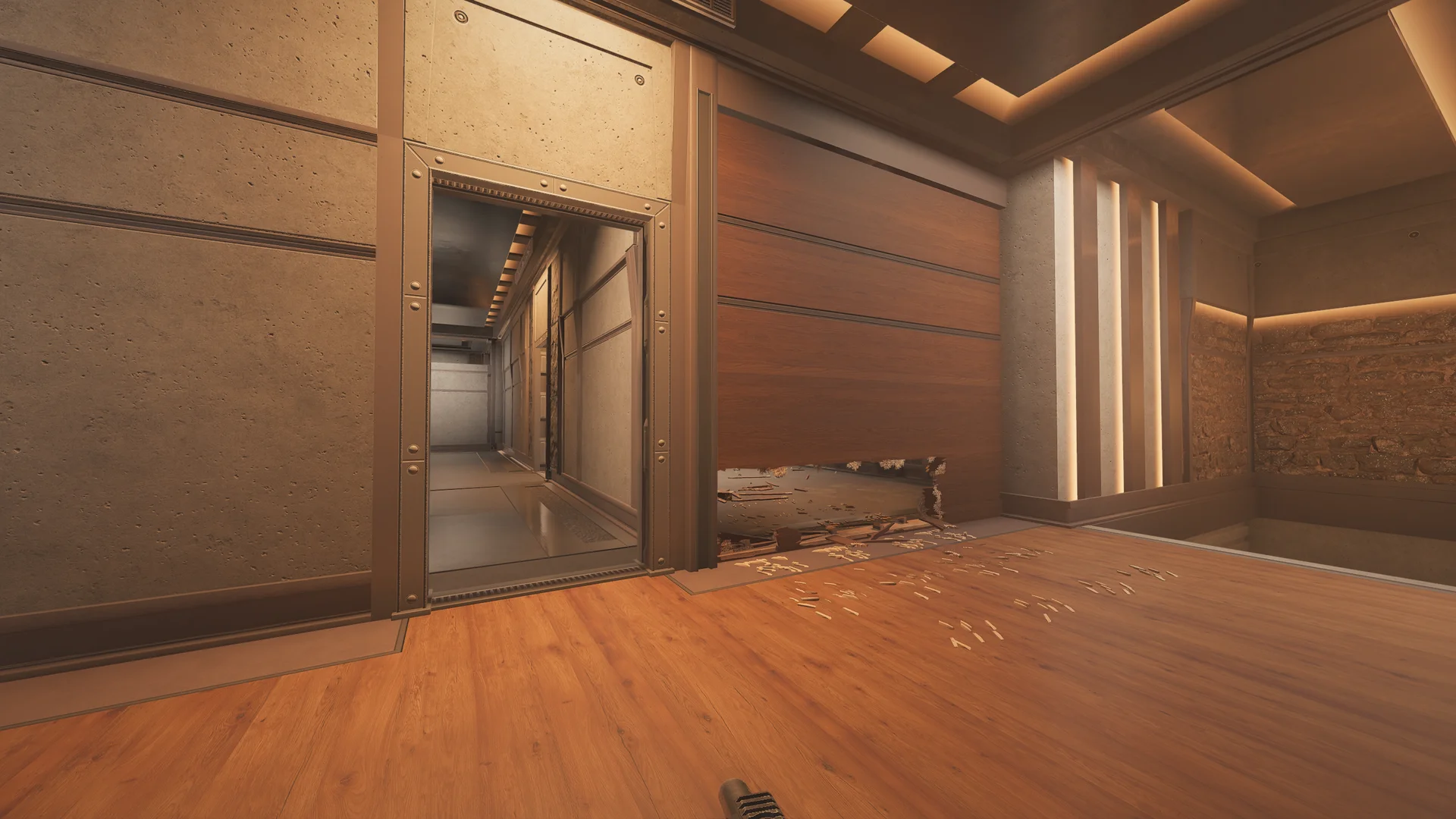 Room on Lair 2F with an open vault door to a corridor, a wood-panel wall with a low breach hole, cove lighting, and a stone accent wall
