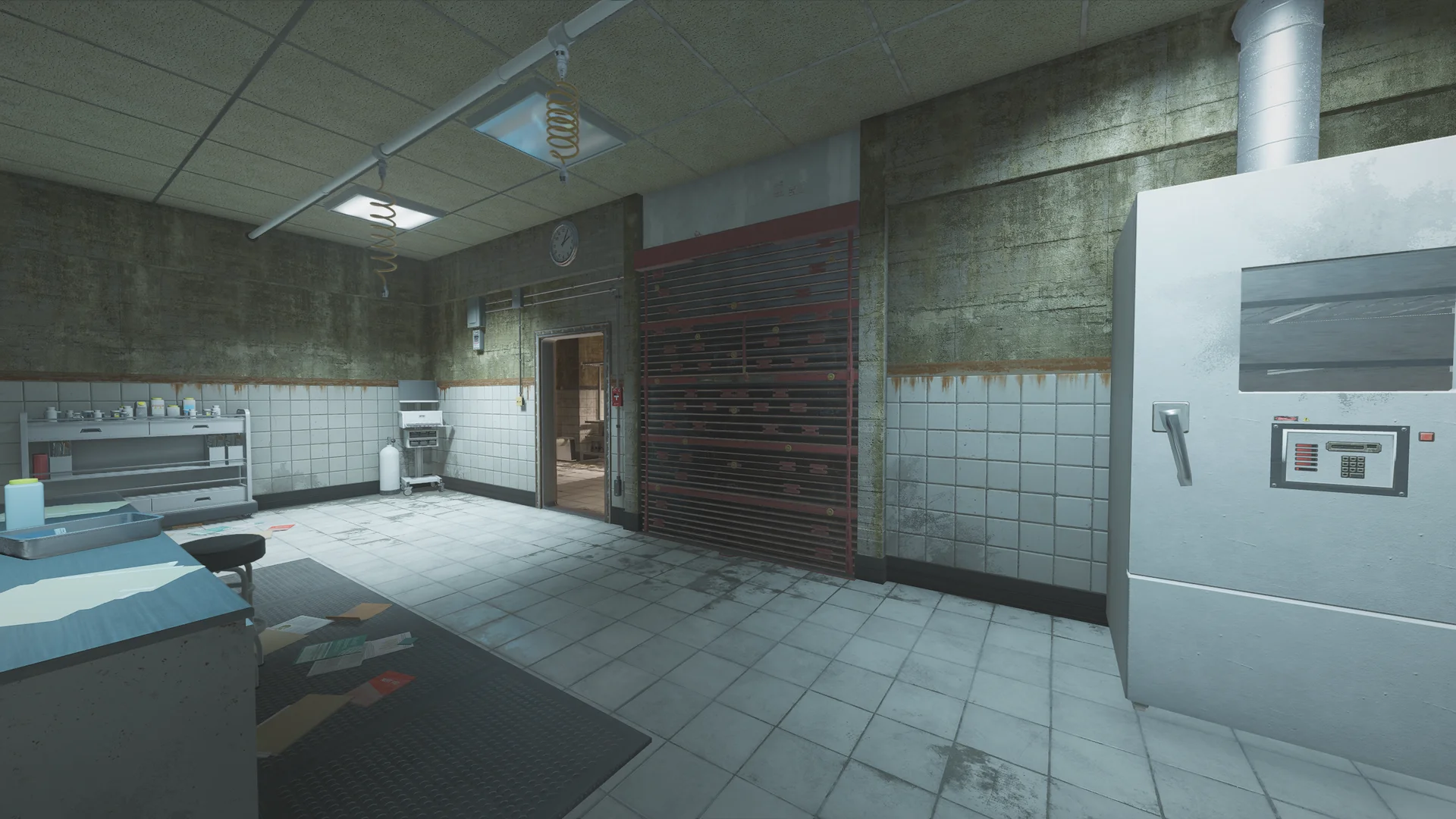 Lab in the Lair basement with a reinforced shutter, an autoclave cabinet with a keypad, a stainless counter with jars, and a tiled floor