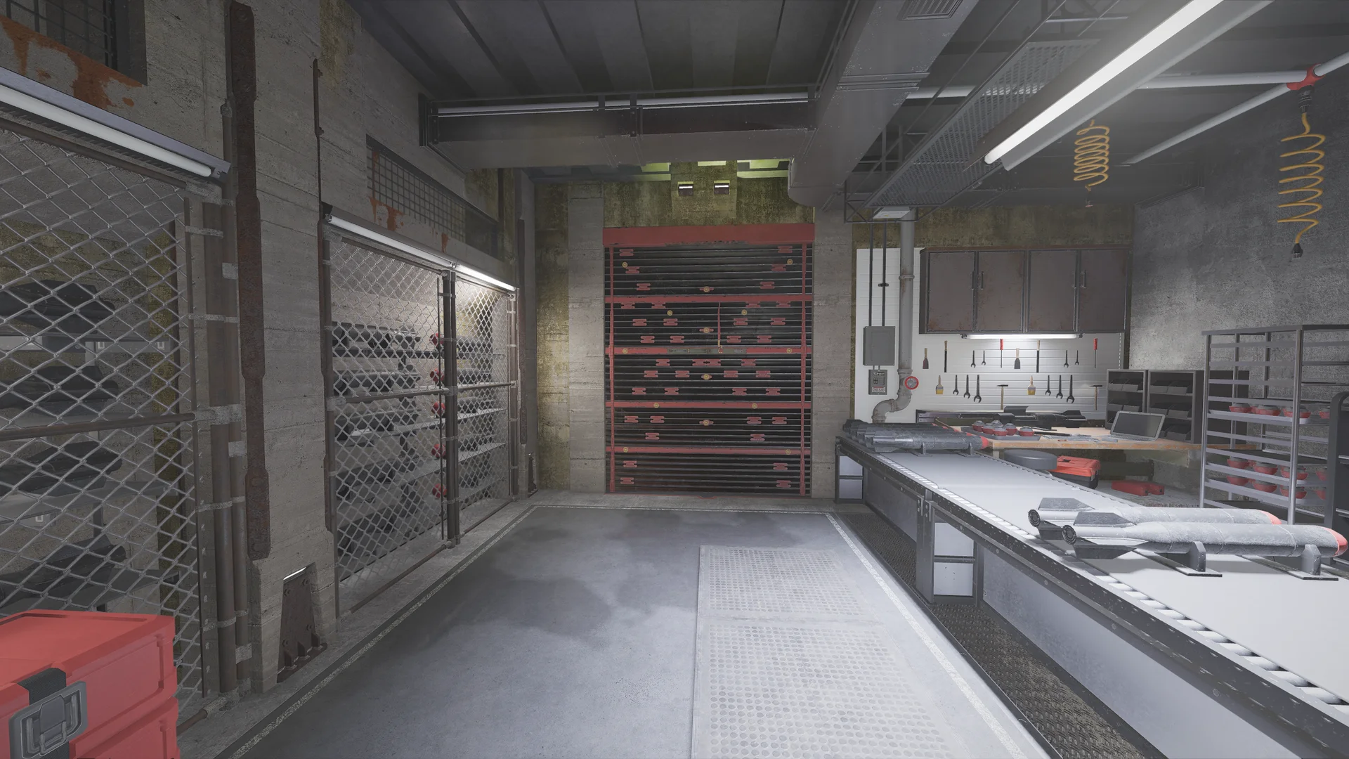 Workshop in the Lair basement with a reinforced shutter, a fenced storage cage, a tool pegboard, workbenches with parts, and a floor grate
