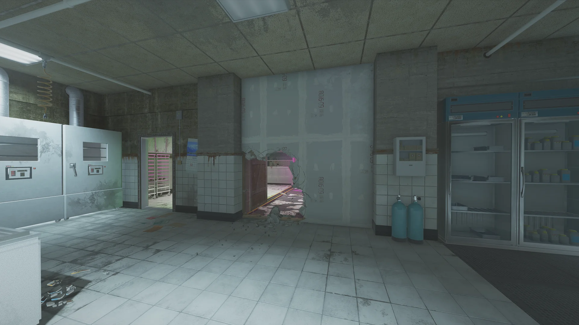 Lab in the Lair basement with a stainless autoclave unit, gas cylinders, a glass-door refrigerator, a wall breach hole, and a doorway