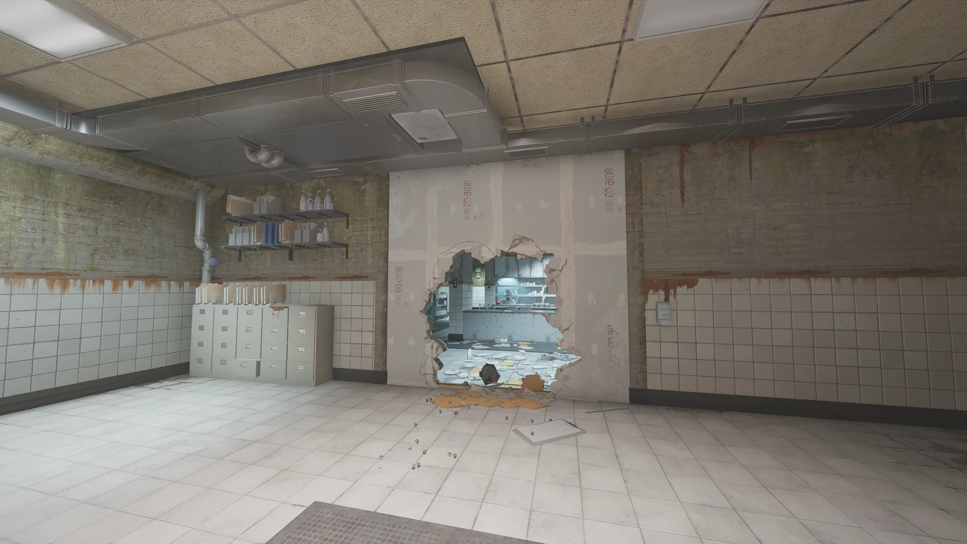 Storage room in the Lair basement with grey filing cabinets, a wall shelf of bottles, and a large breach hole through a wall into a lit lab