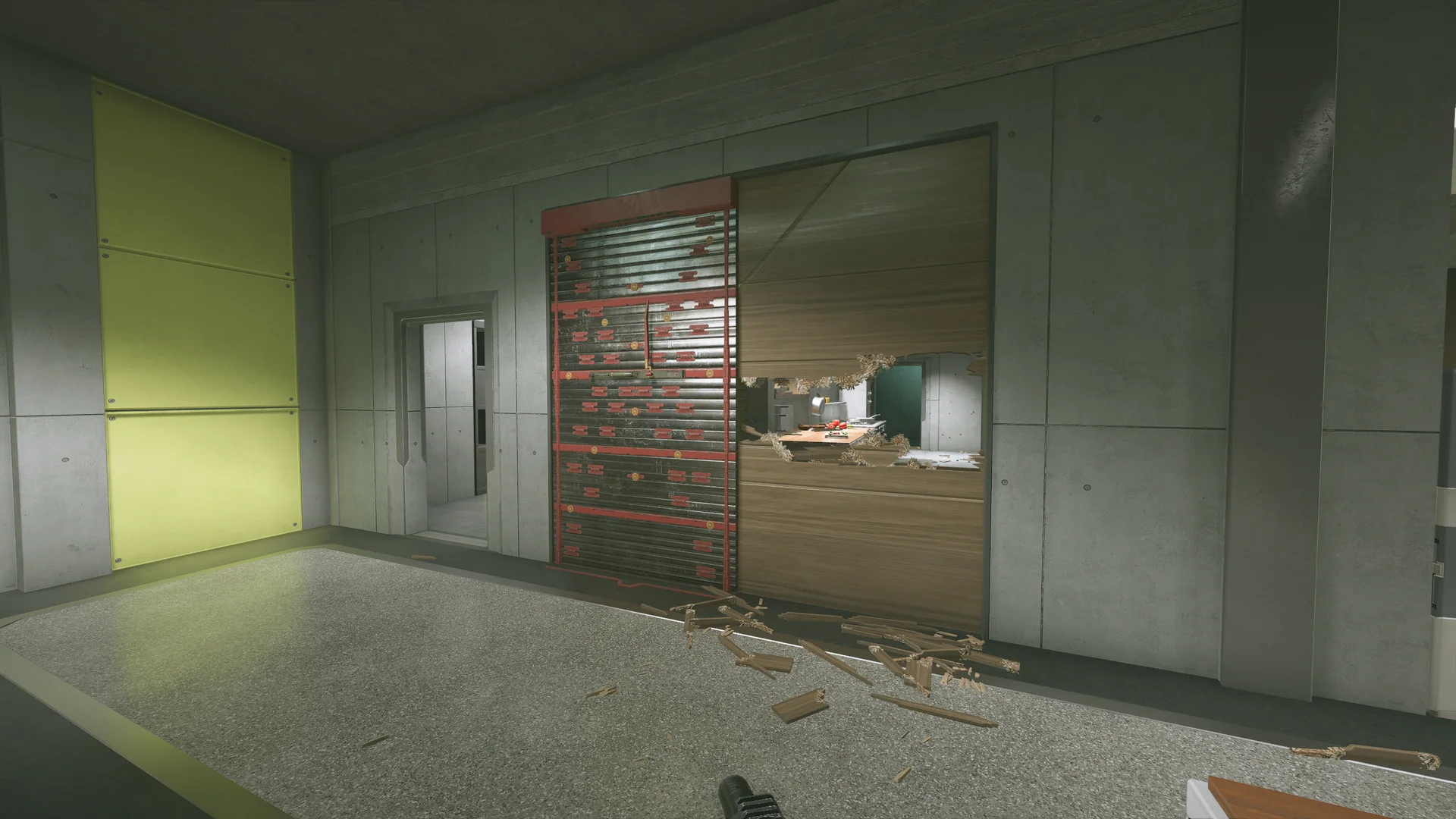 Reinforced shutter beside a wooden wall panel on Nighthaven Labs 1F, breach holes opening to a kitchen, splinters below