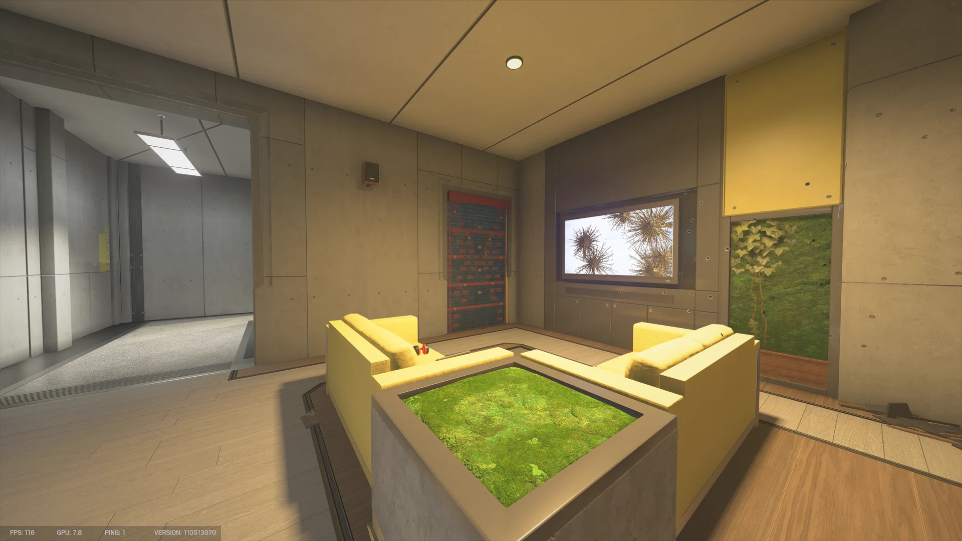 Lounge on Nighthaven Labs 1F with yellow sofas around a moss-filled planter, a metal shutter door and an ivy wall panel