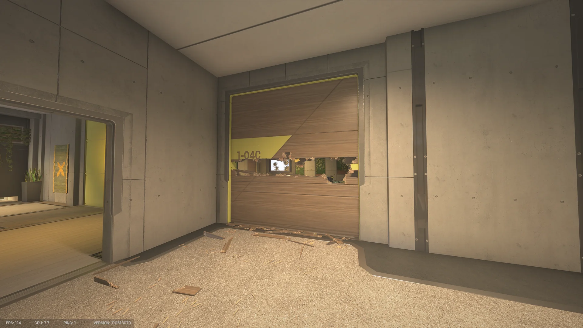 Breached wooden panel labeled 1-04C on Nighthaven Labs 1F with wood splinters on the floor and a hallway at left