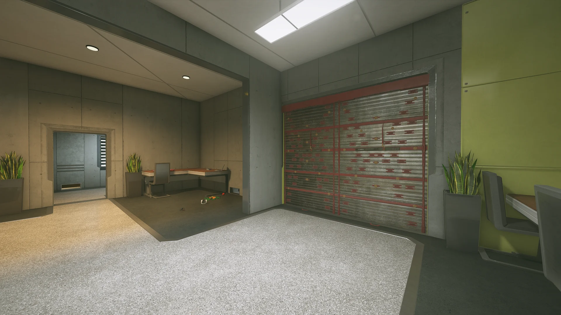 Room on Nighthaven Labs 1F with a red-braced reinforced shutter wall, potted snake plants, a desk nook and a green panel