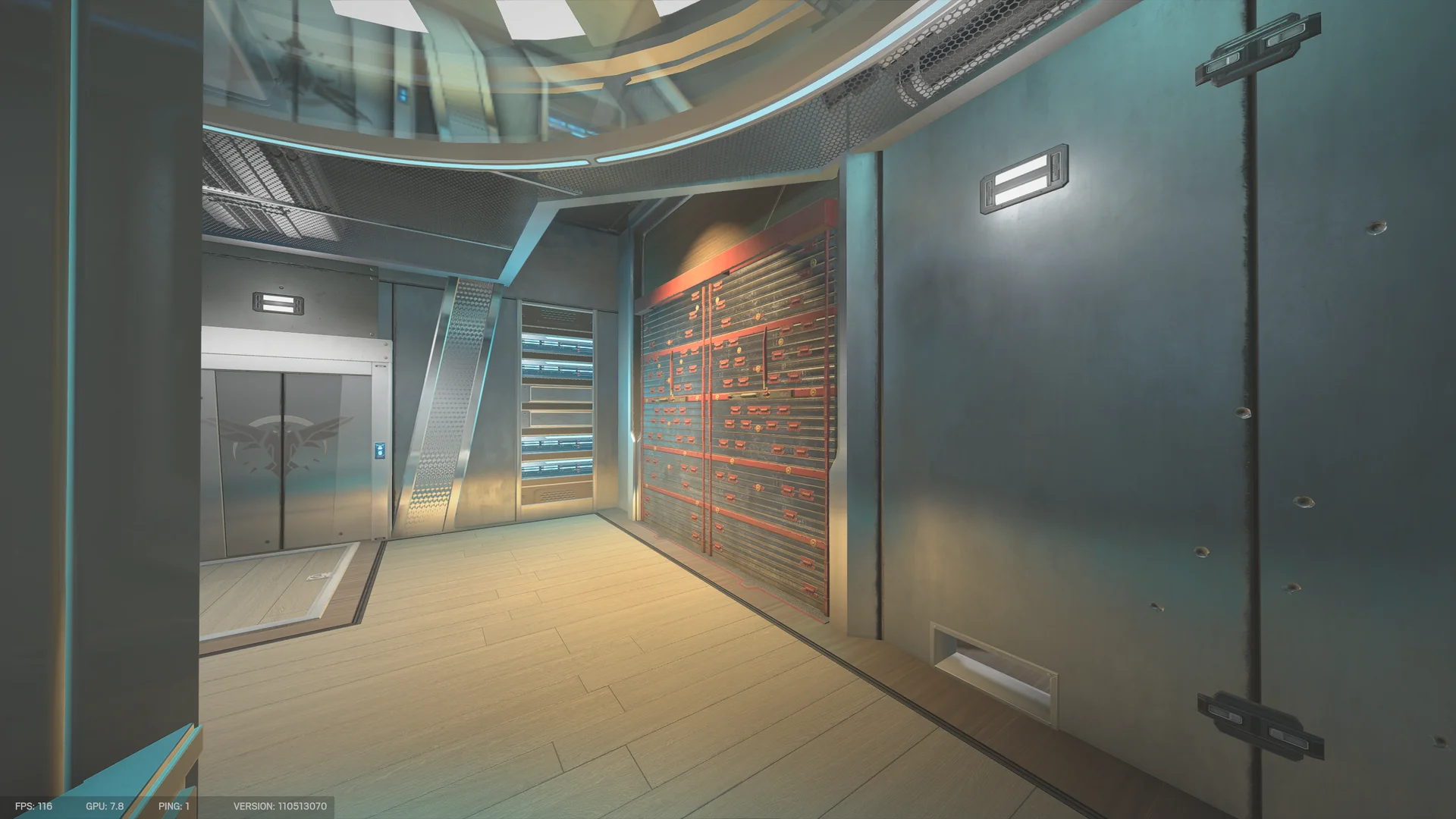 Corridor on Nighthaven Labs 1F with an elevator at left, a red-braced reinforced shutter and a glass ceiling band above
