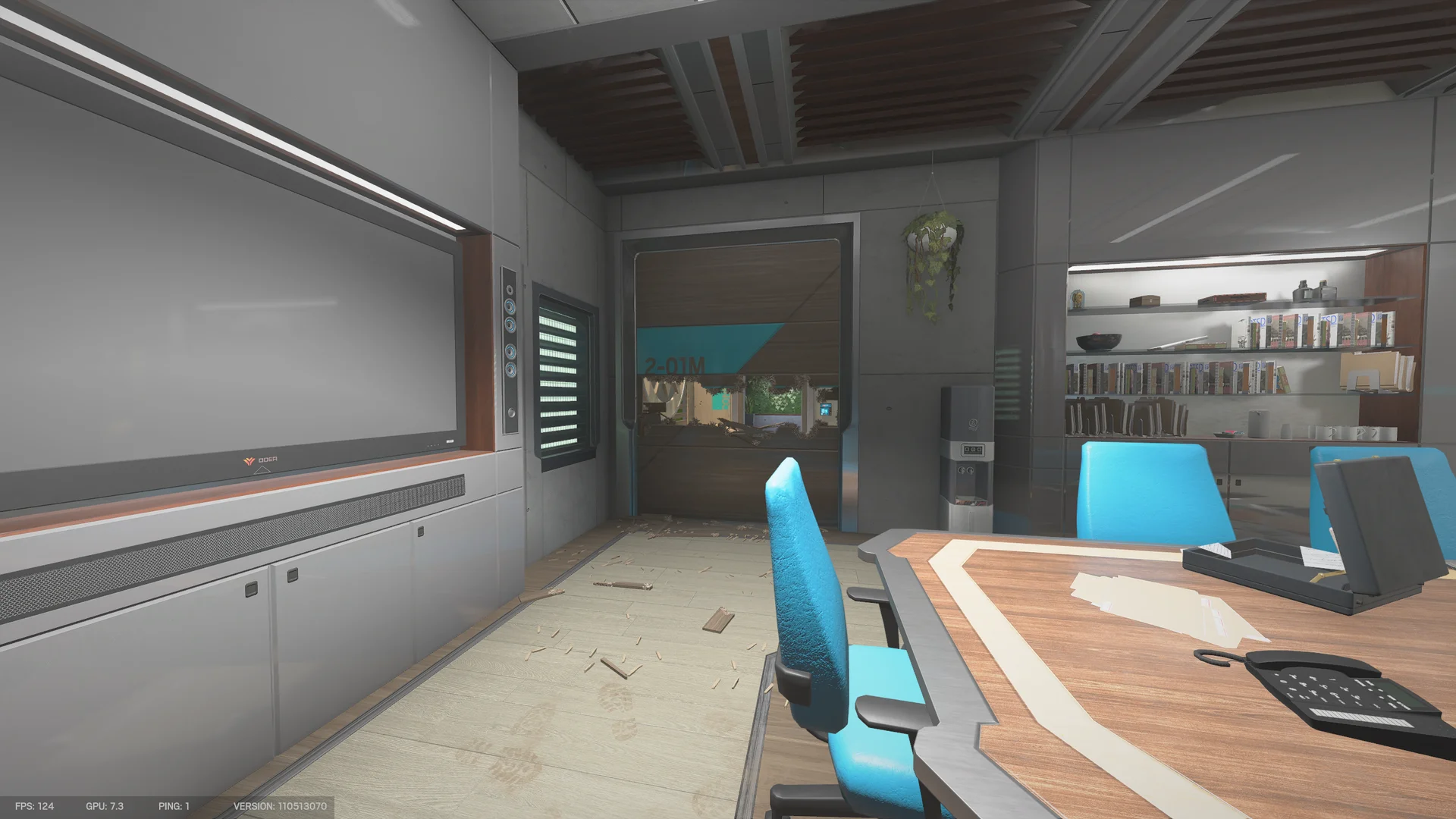 Meeting room on Nighthaven Labs 1F with a wooden conference table, blue chairs and a breached wooden door labeled 2-01M