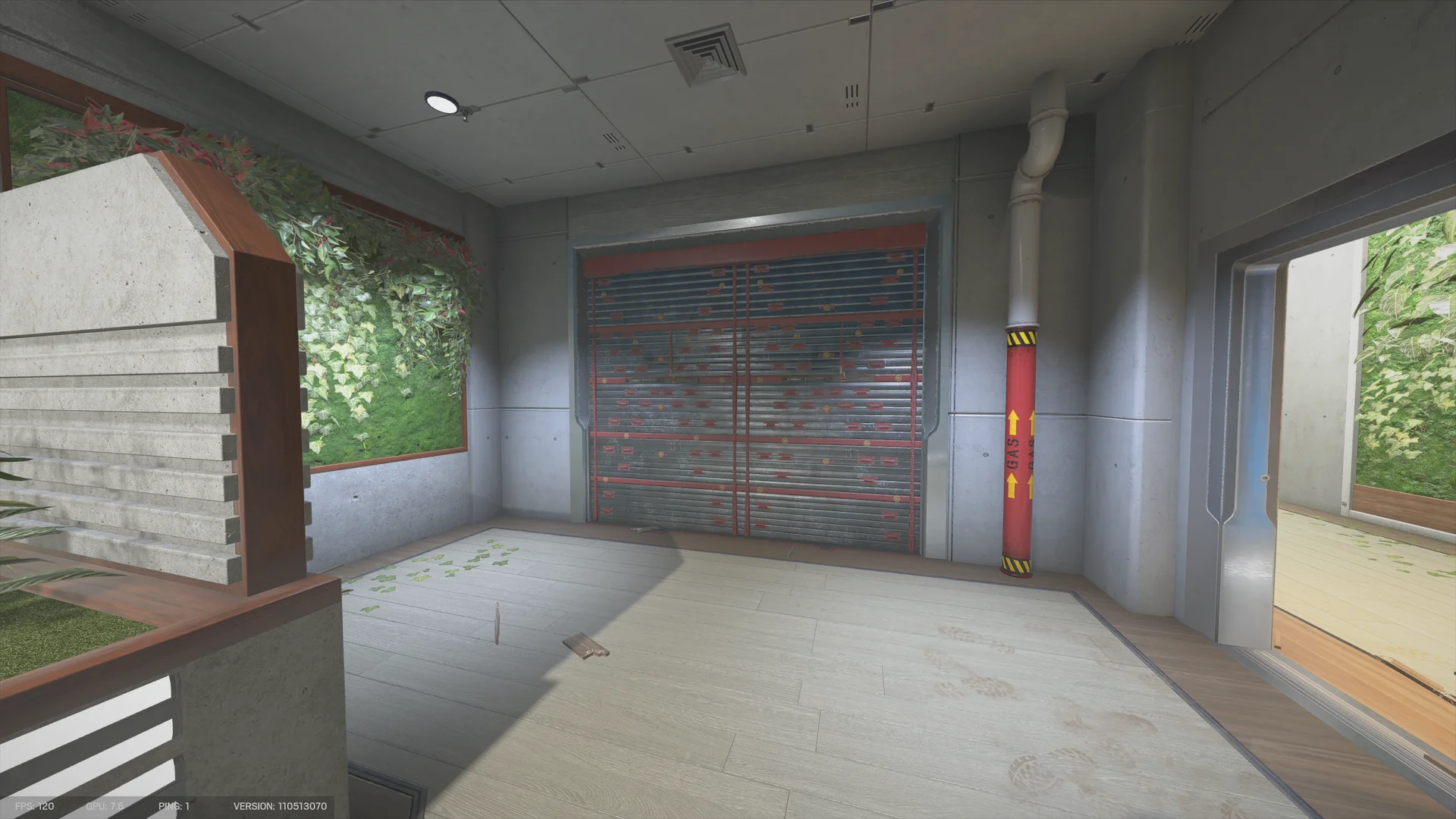 Reinforced shutter wall on Nighthaven Labs beside a red pipe marked GAS, with ivy-covered wall panels and pale wood floors