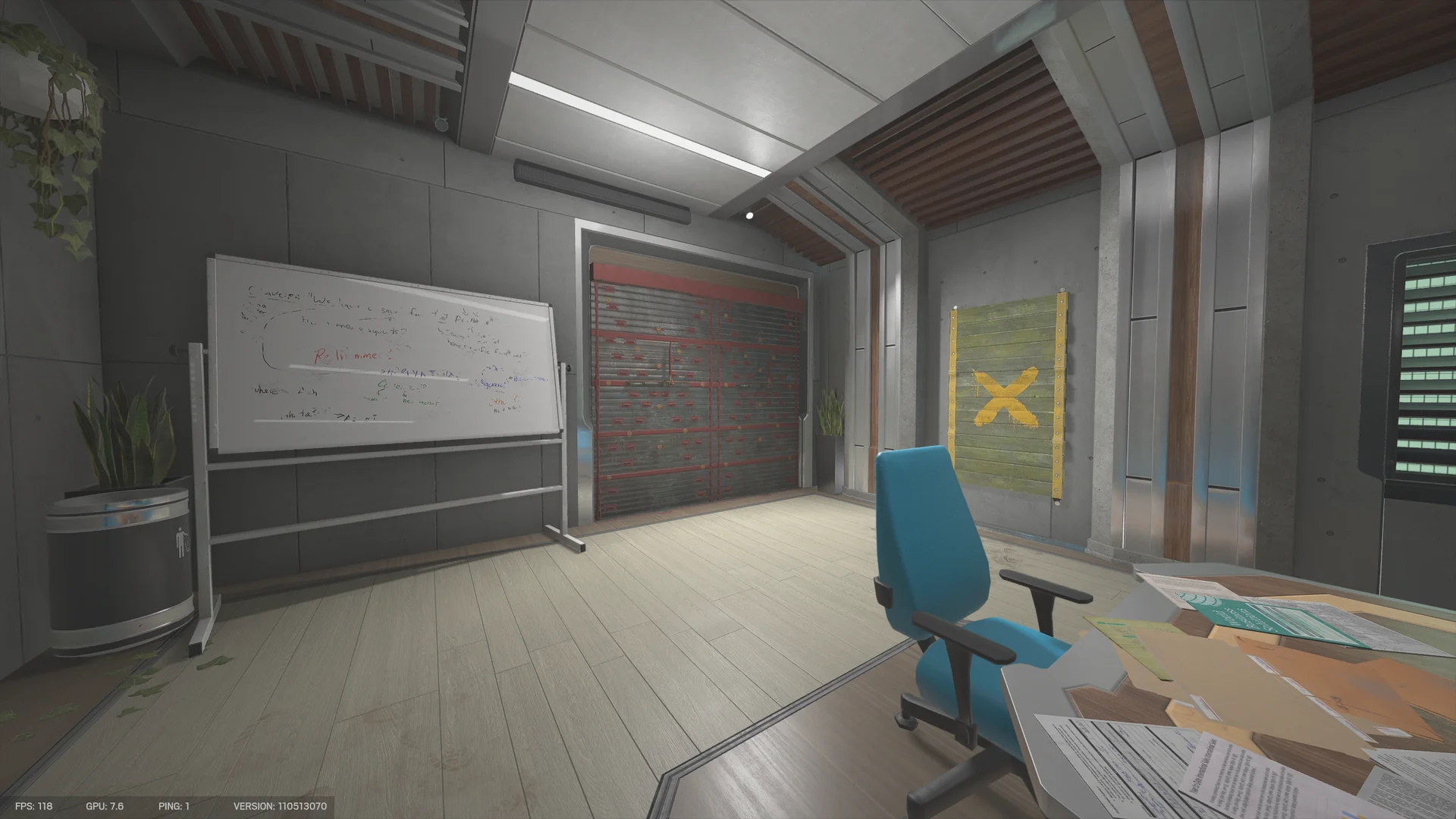 Office on Nighthaven Labs 1F with an equation-covered whiteboard, a reinforced shutter and a green panel marked with a yellow X