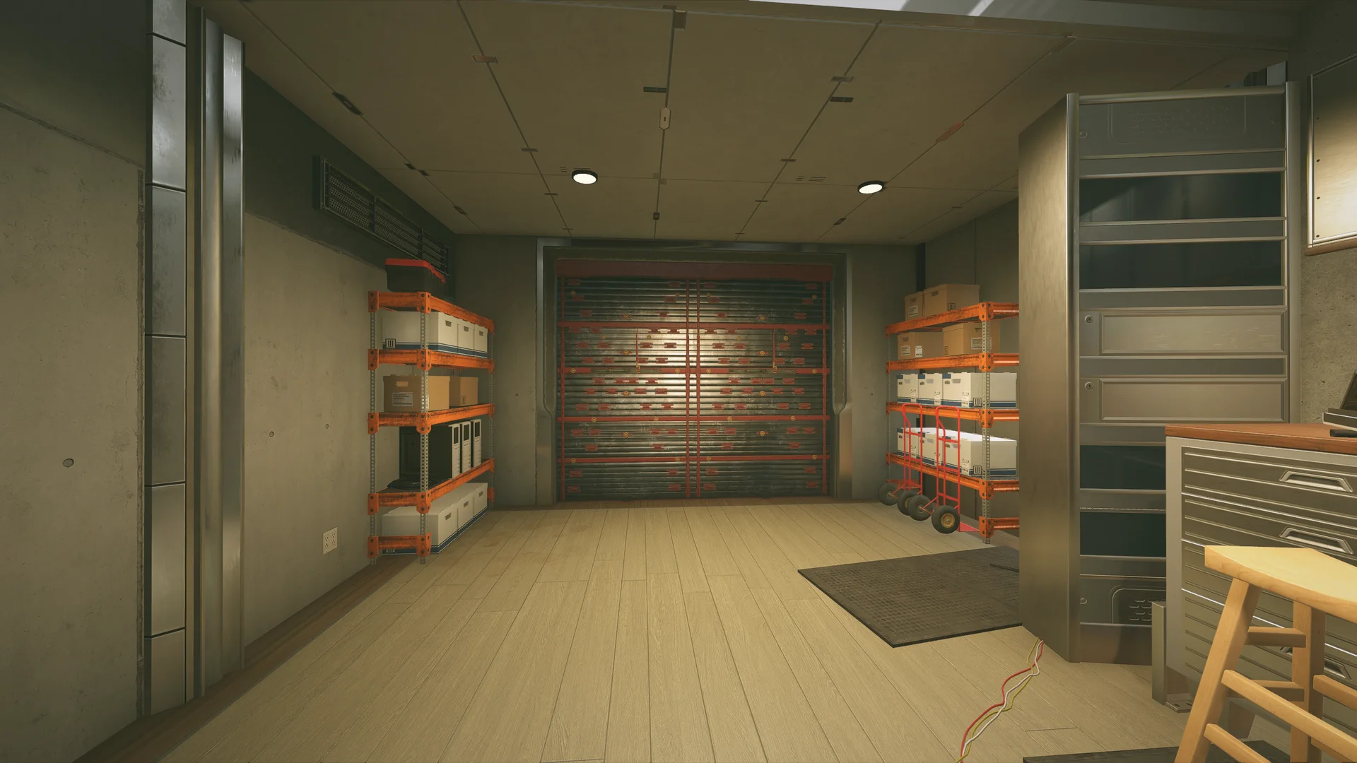 Storage room on Nighthaven Labs with orange shelves of file boxes flanking a red-braced reinforced shutter wall