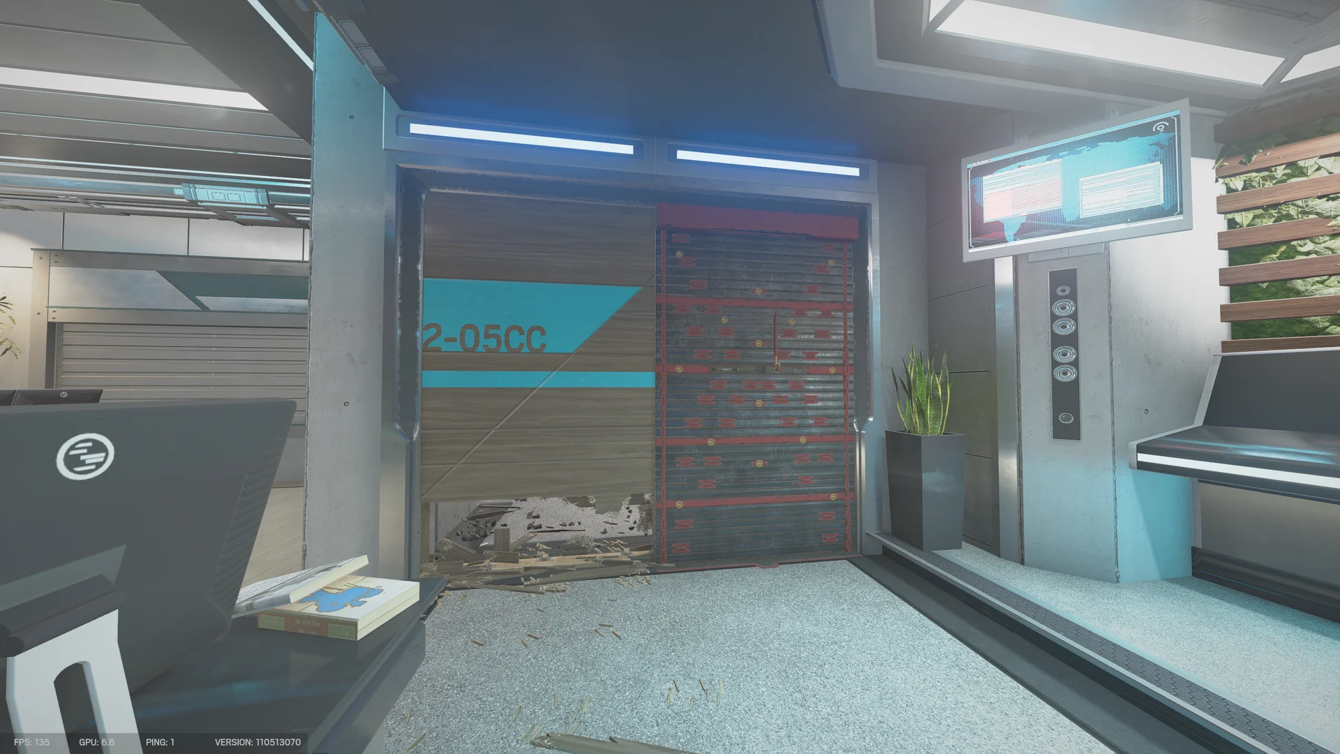 Bright lobby on Nighthaven Labs with a breached wooden door labeled 2-05CC beside a reinforced shutter and a potted plant