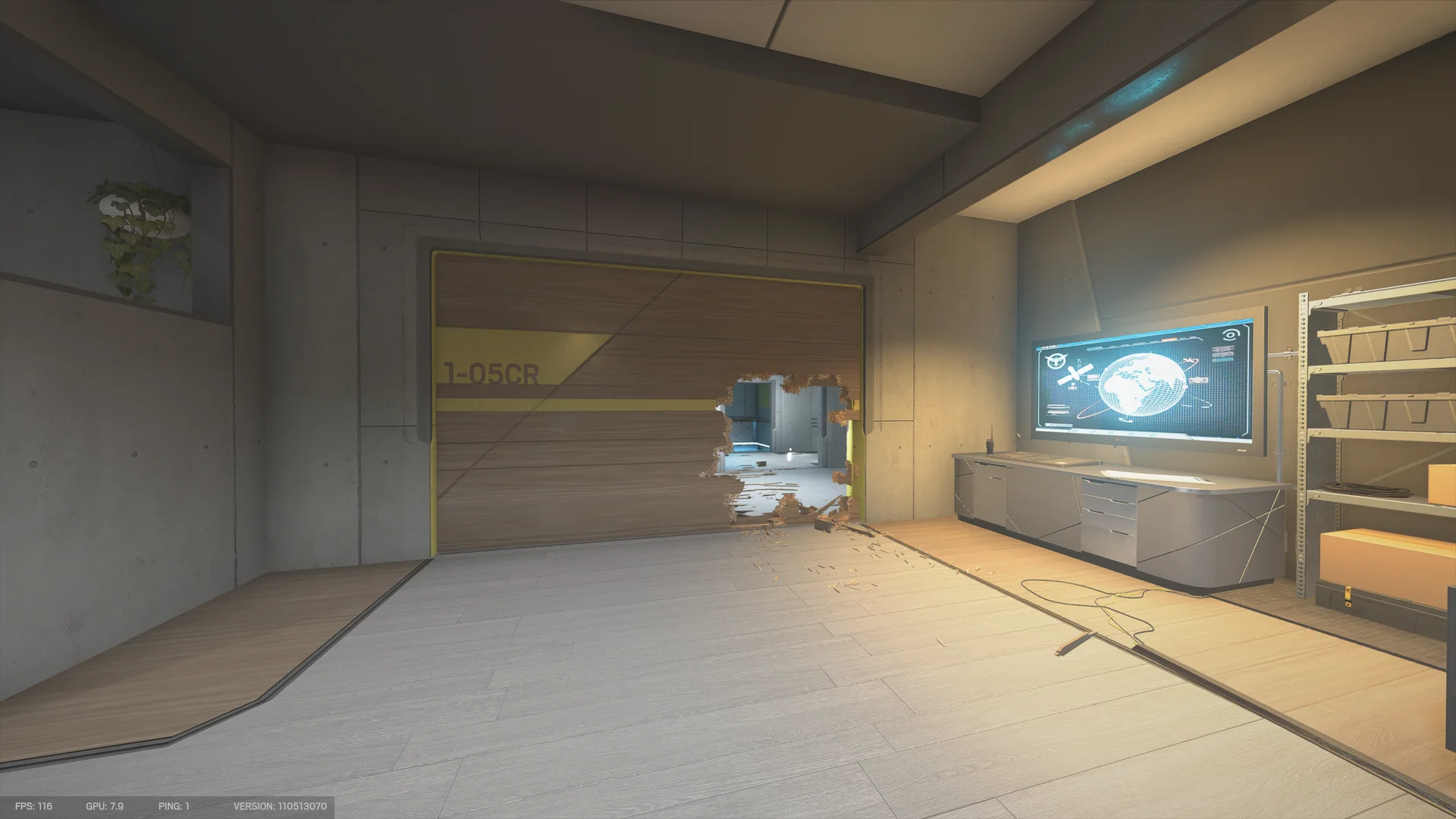 Room on Nighthaven Labs 1F with a breached wooden panel labeled 1-05CR and a wide desk screen showing a globe display