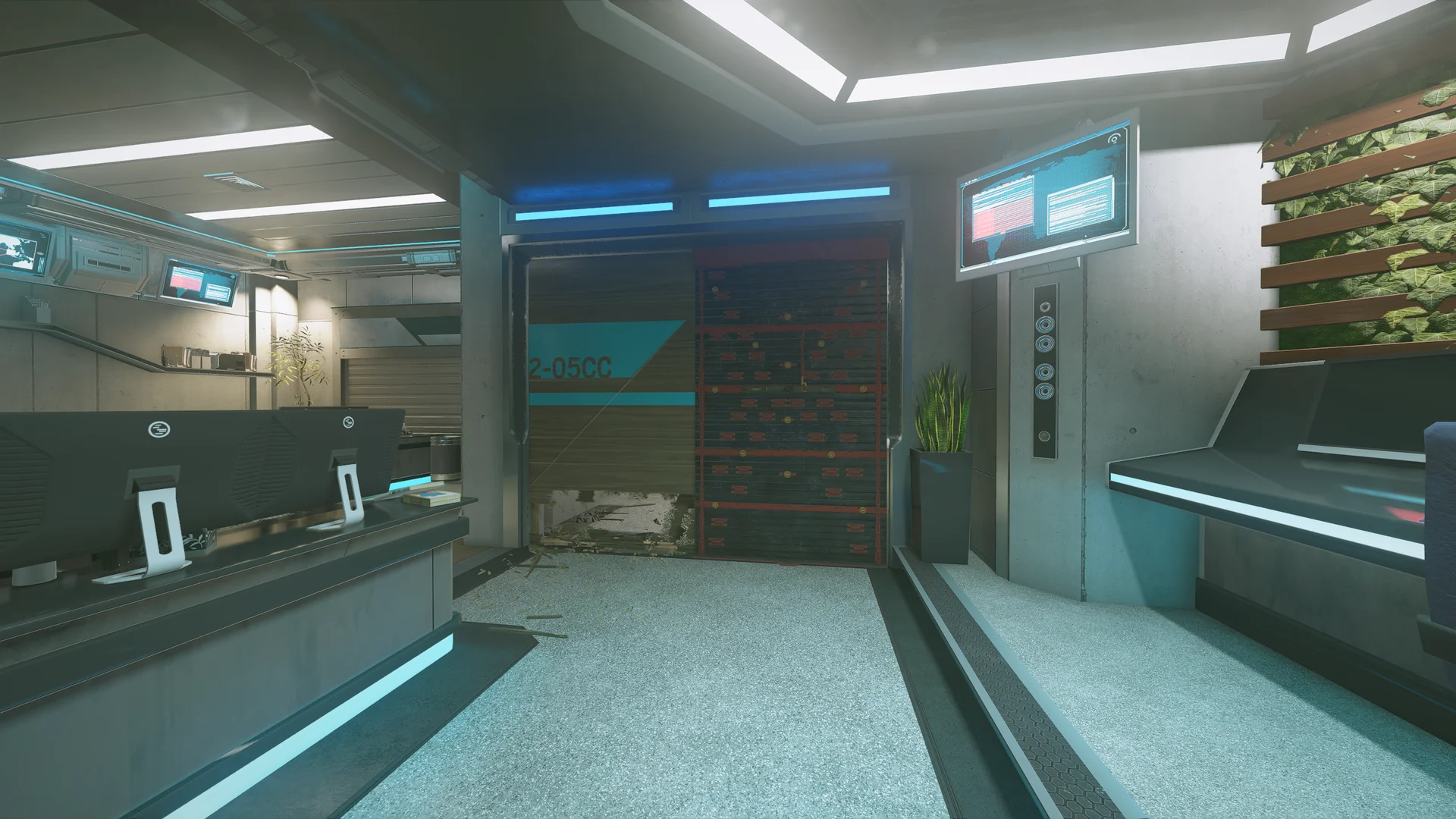 Bright lobby on Nighthaven Labs 2F with a breached wooden door labeled 2-05CC, a reinforced shutter and reception screens