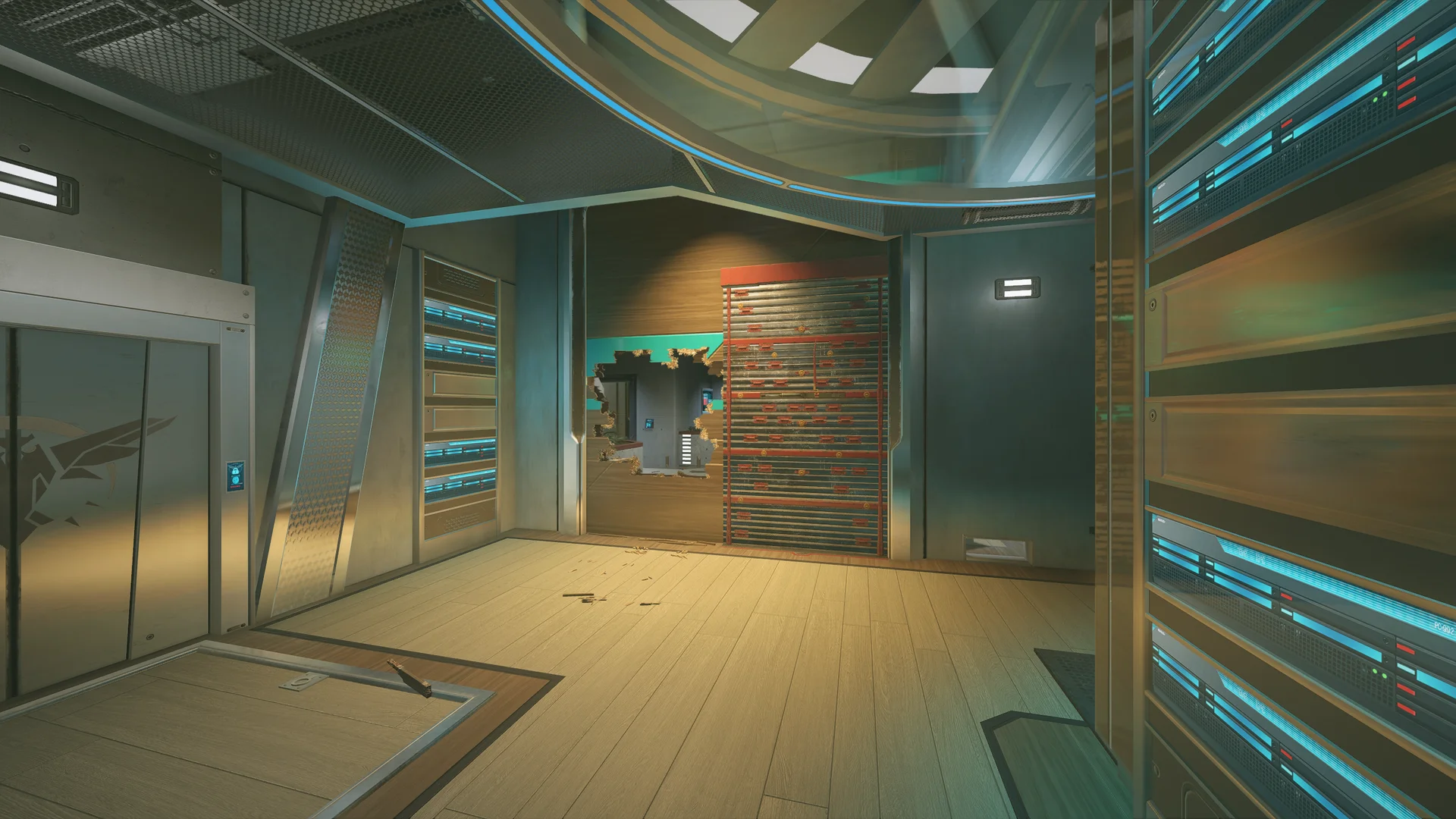 Server racks on Nighthaven Labs 2F facing an elevator, a floor hatch and a breached wooden wall beside a reinforced shutter