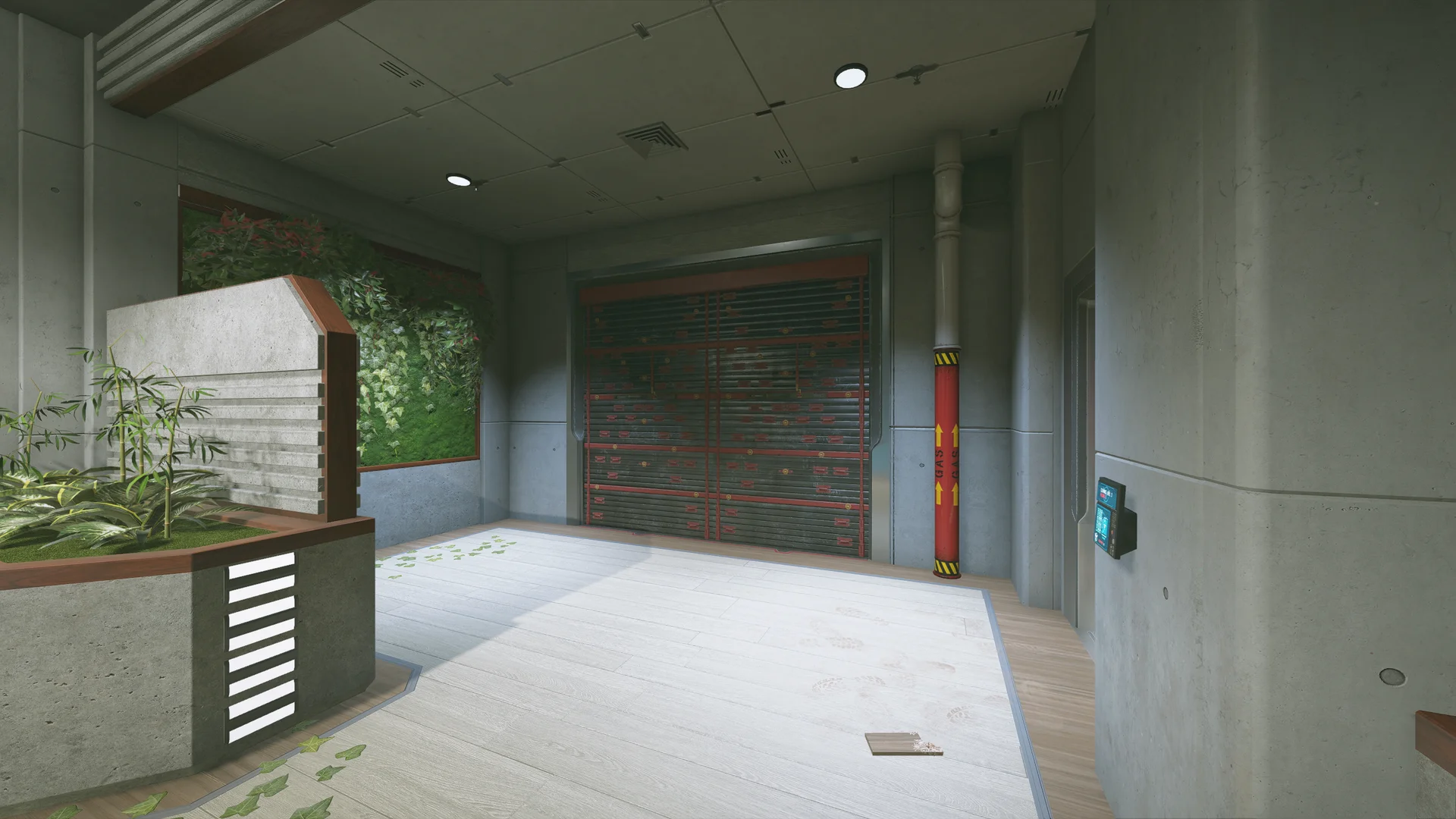 Room on Nighthaven Labs with a reinforced shutter beside a red pipe marked GAS, ivy wall panels and a bamboo planter