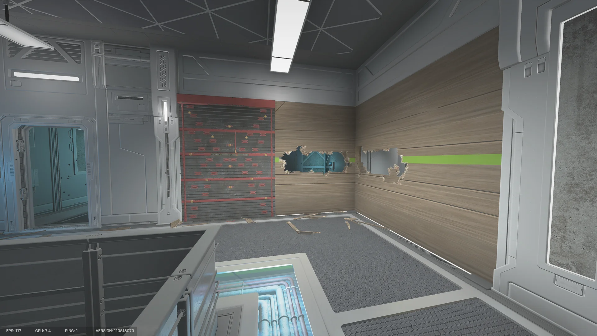 Wood-panelled wall with two breach holes beside a reinforced shutter in the Nighthaven Labs basement, a glass floor pit below