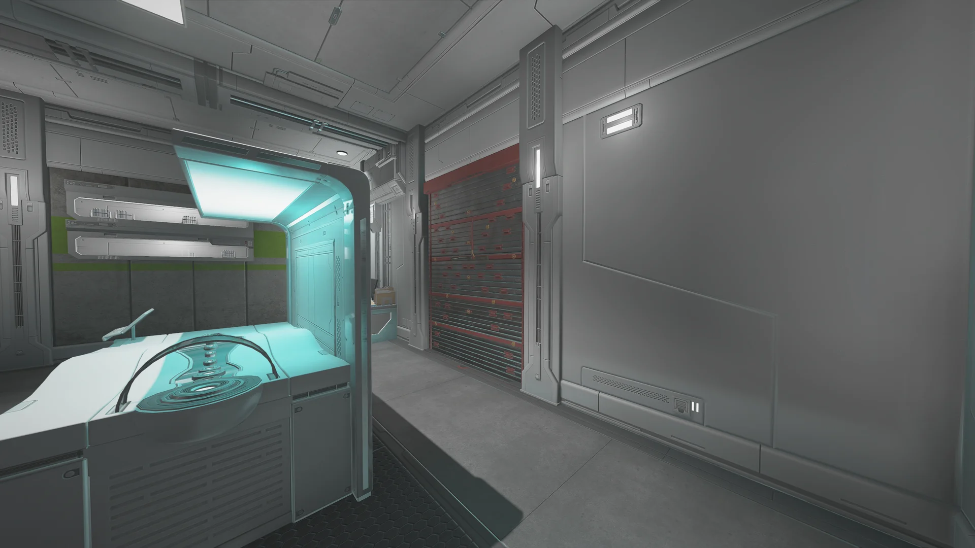 Lab in the Nighthaven Labs basement with a glowing teal instrument console and a red-braced reinforced shutter beyond