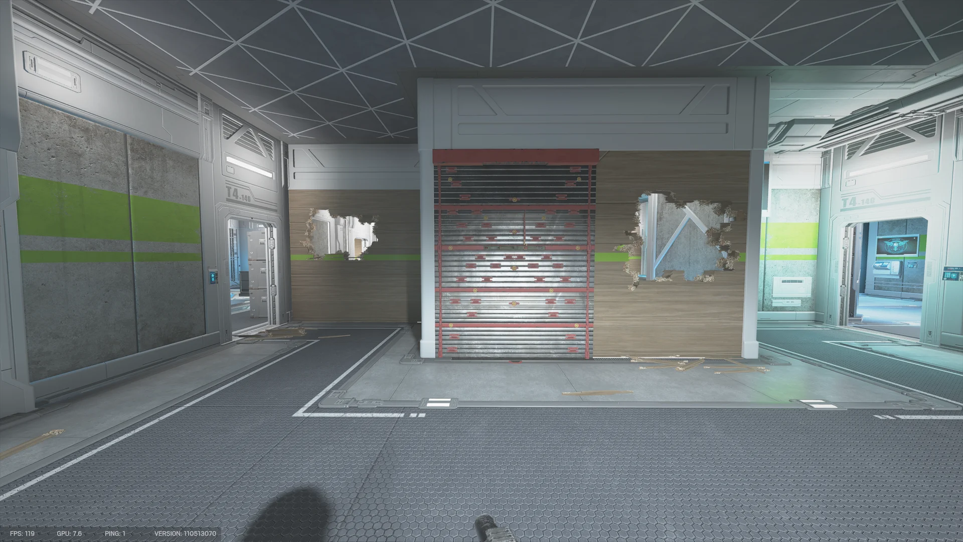Hall in the Nighthaven Labs basement with a reinforced shutter between two breached wooden walls and a doorway marked T4-140