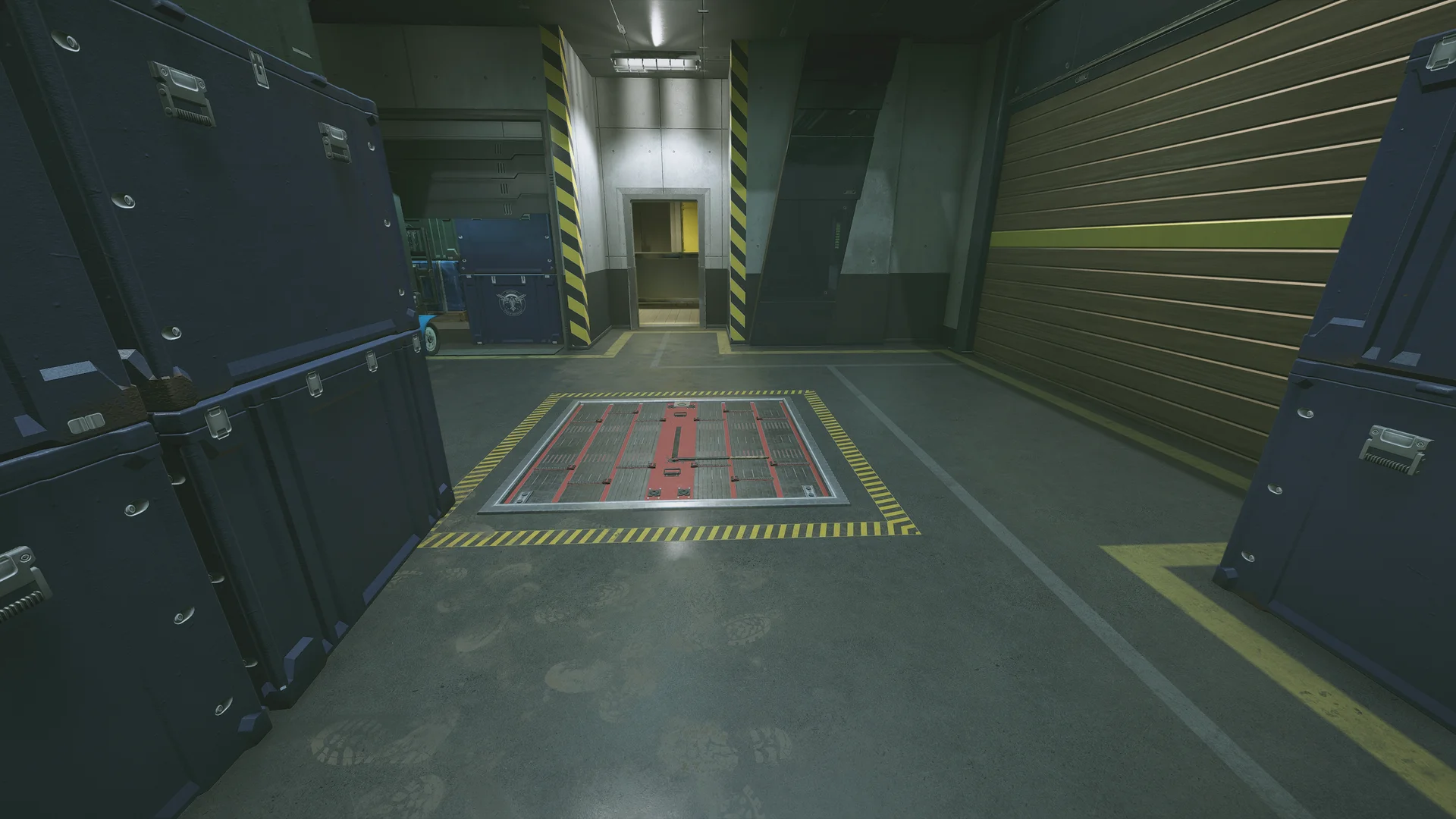 Reinforced floor hatch bordered by hazard striping in the Nighthaven Labs basement, flanked by stacked dark storage crates