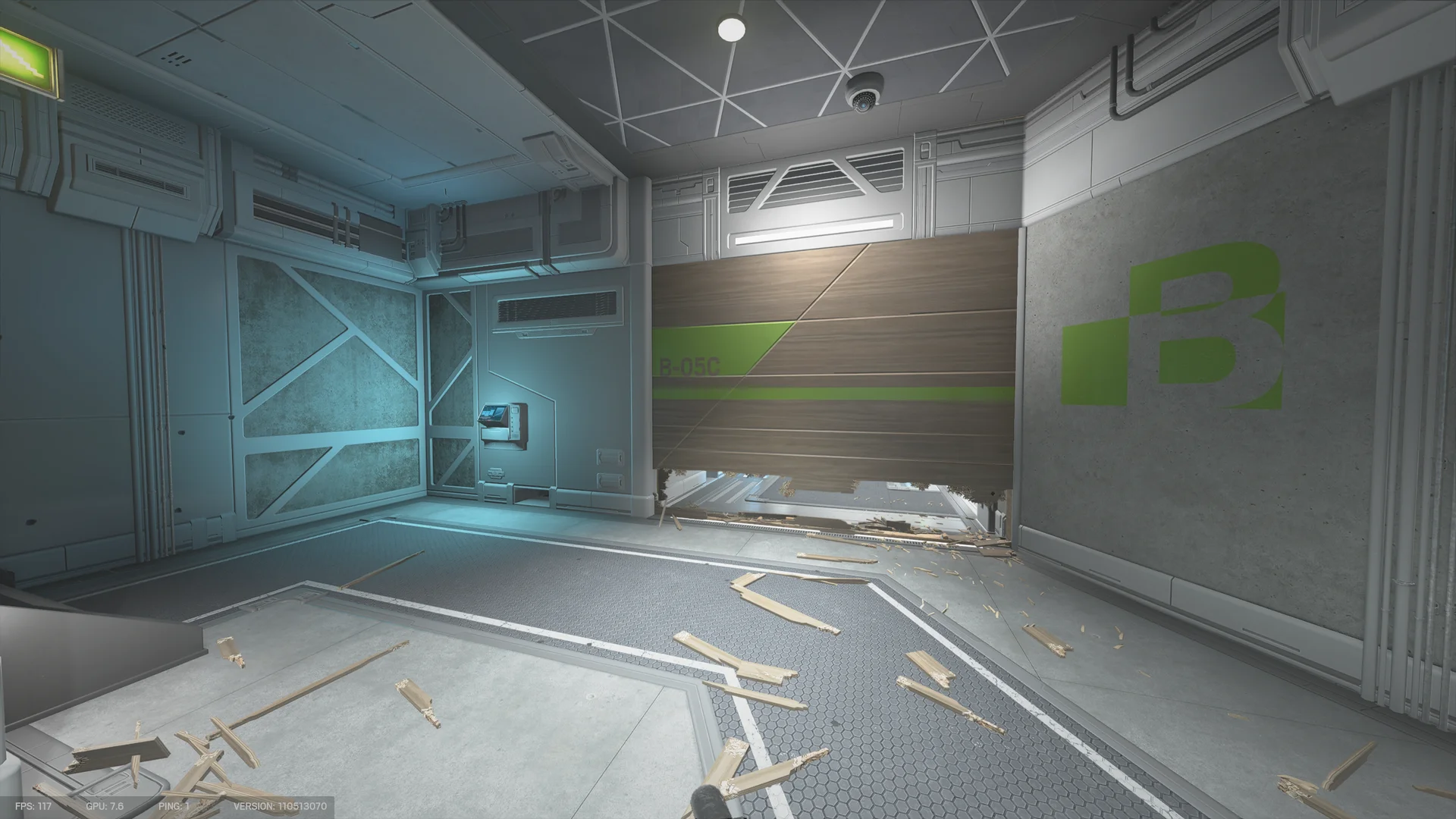 Room in the Nighthaven Labs basement with a wooden panel labeled B-05C breached along its base and a green B on the wall