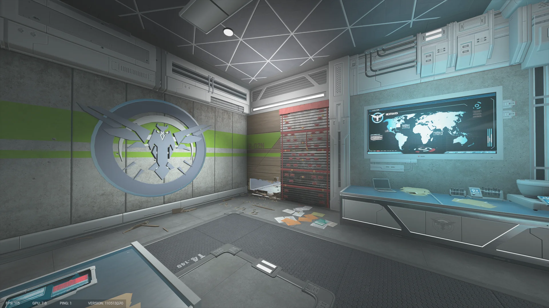Room in the Nighthaven Labs basement with a metal bird emblem on the wall, a reinforced shutter and a world-map screen