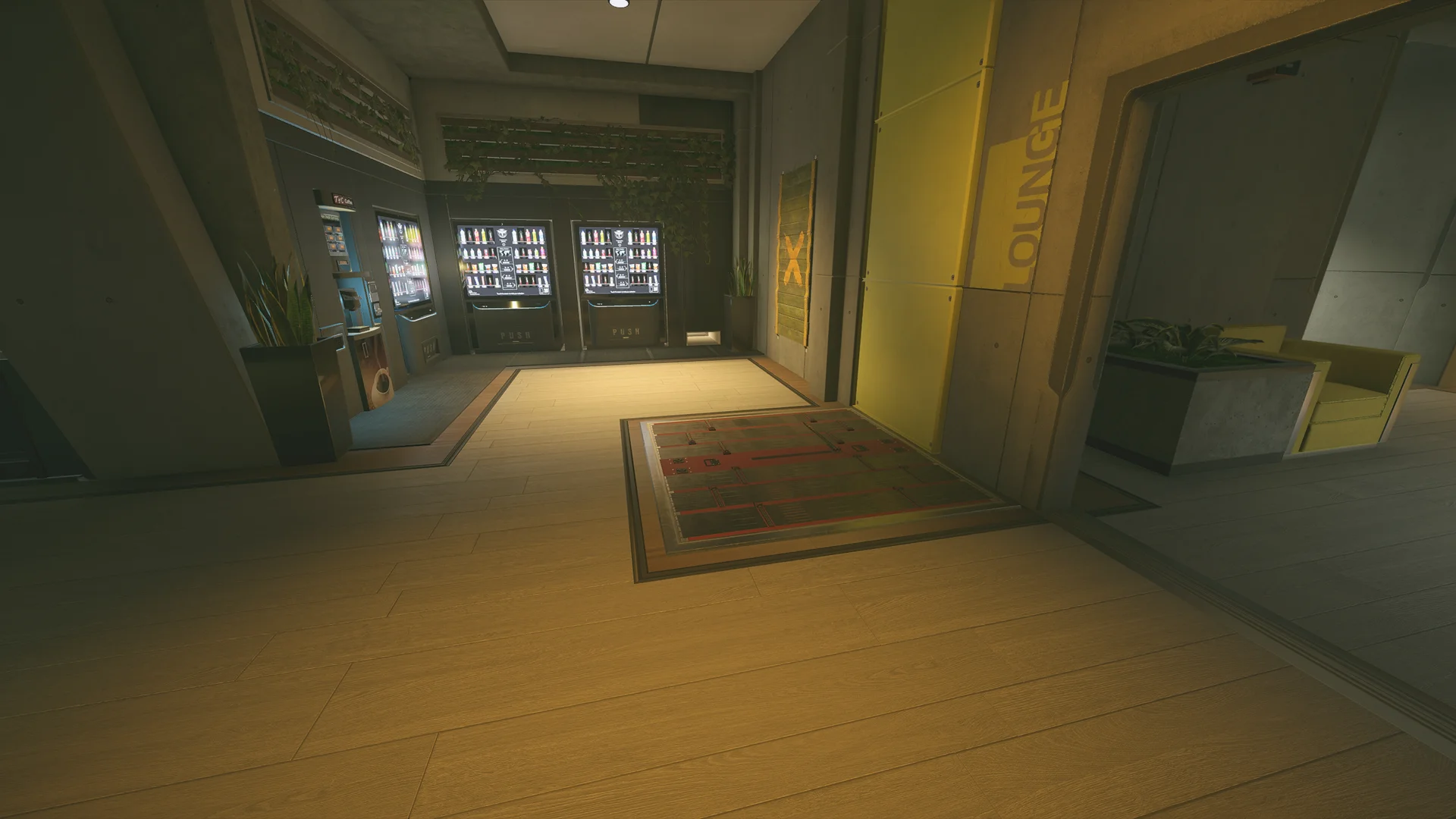 Dim lobby in the Nighthaven Labs basement with vending machines, a reinforced floor hatch and a yellow wall stencilled LOUNGE