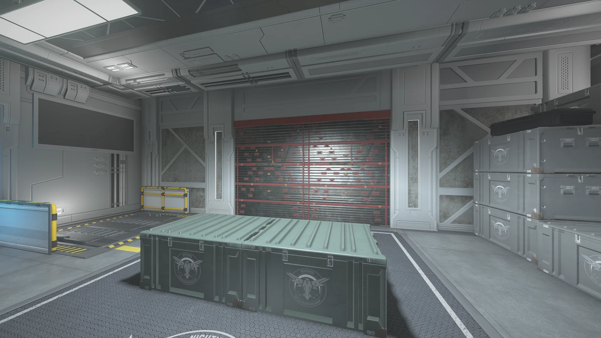 Storage room in the Nighthaven Labs basement with a reinforced shutter and large green crates stamped with a bird emblem