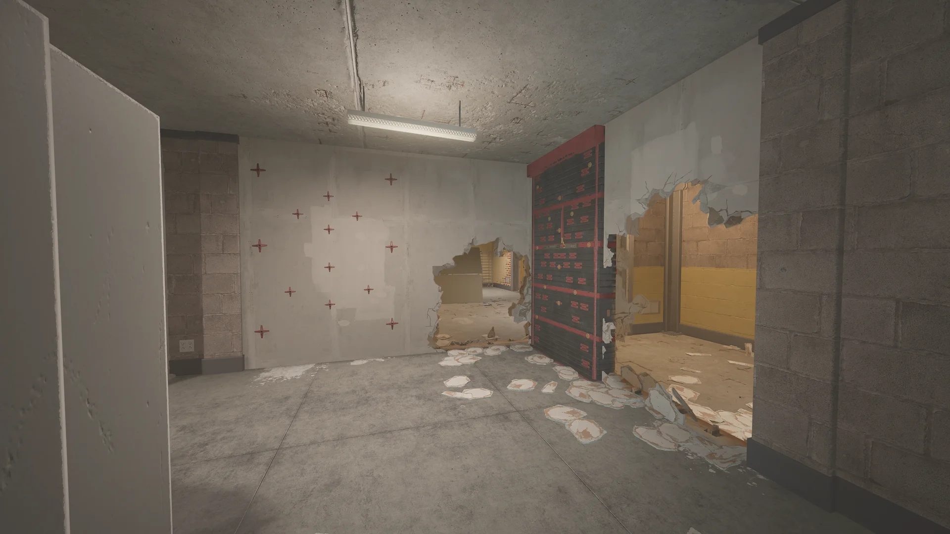 Drywall wall with red cross marks on Oregon 1F, a breach hole and a reinforced panel beside a larger broken opening
