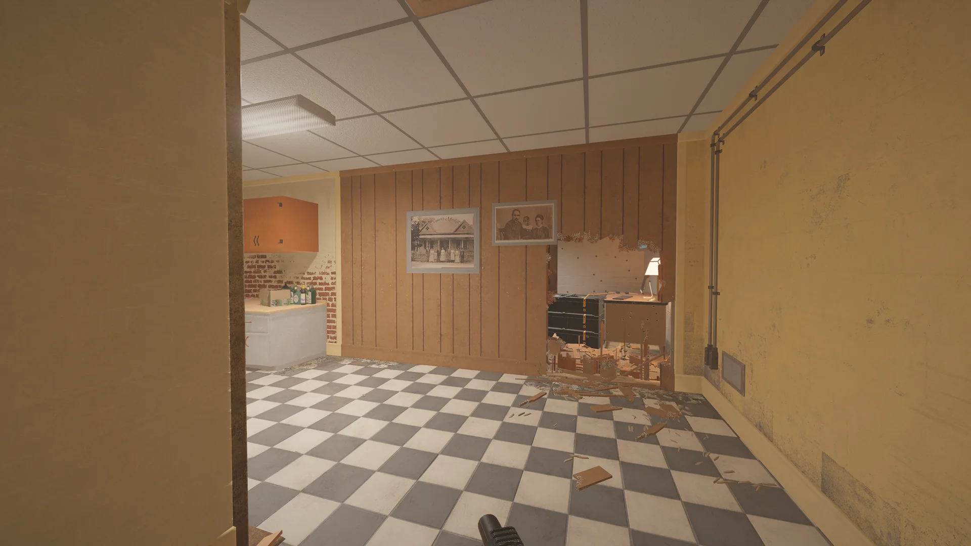 Checker-floored room on Oregon 1F with old photographs on wood panelling and a low breach hole beside a desk lamp
