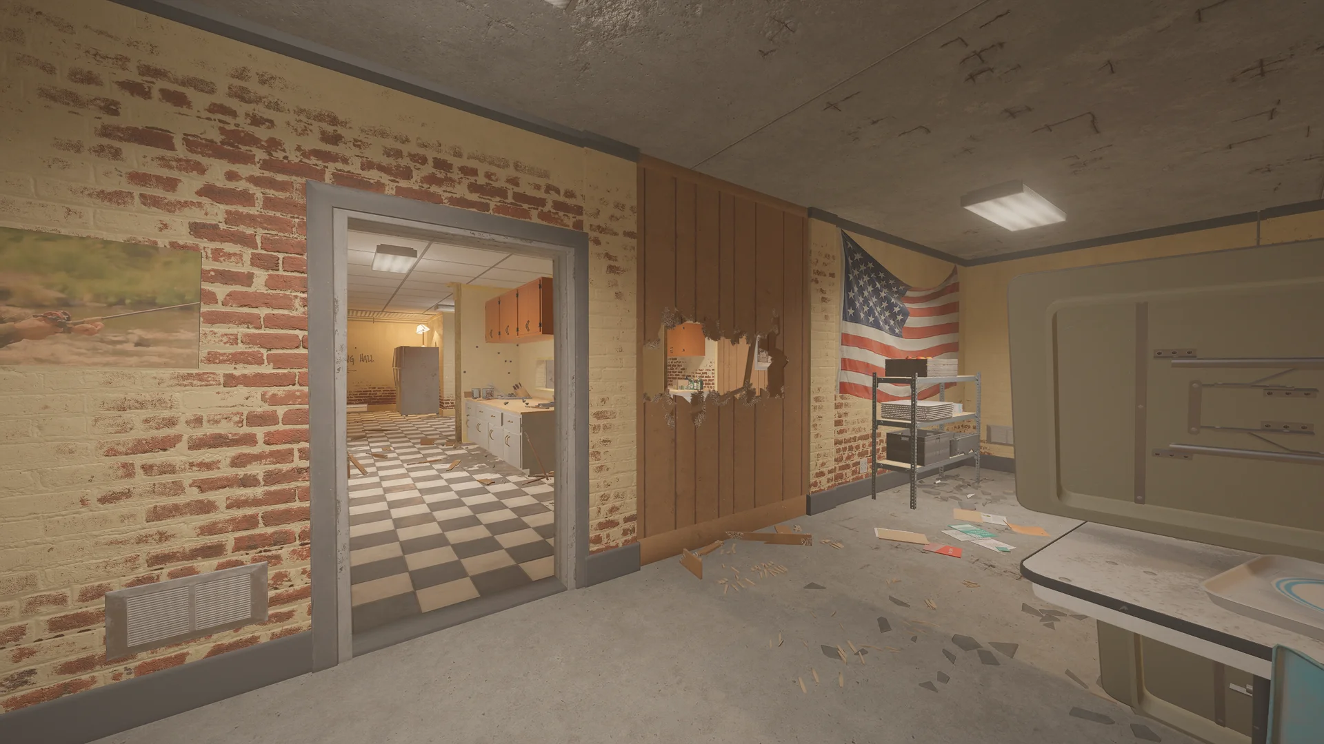 Brick-walled room on Oregon 1F with a head-height hole in wood panelling, an American flag and a doorway to a kitchen