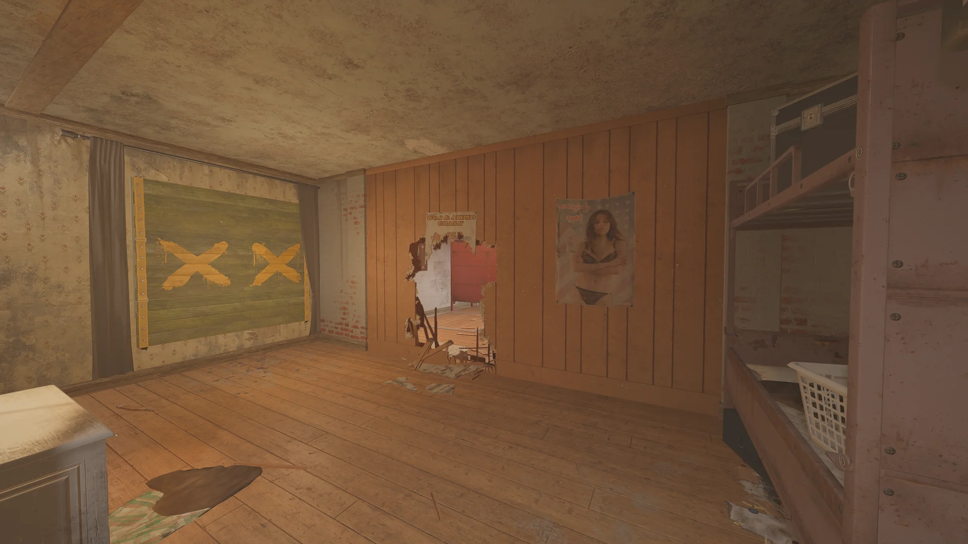 Room on Oregon with a green panel marked with two orange X marks, a breached wooden wall and a metal bunk bed at right