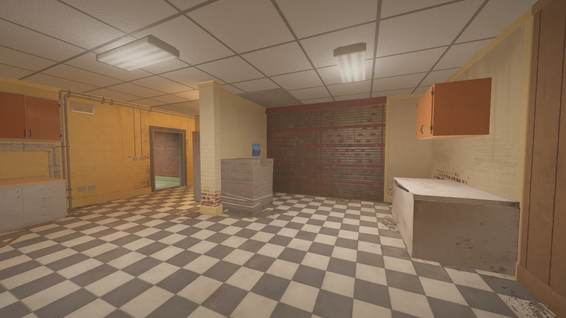 Checker-tiled room on Oregon 1F with a rusted reinforced shutter, a shrink-wrapped pallet of boxes and a chest freezer