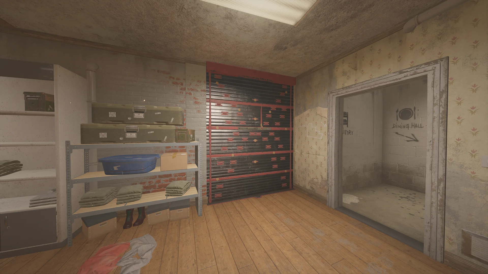 Storage room on Oregon with shelves of folded clothing and cases beside a reinforced shutter, graffiti by the doorway