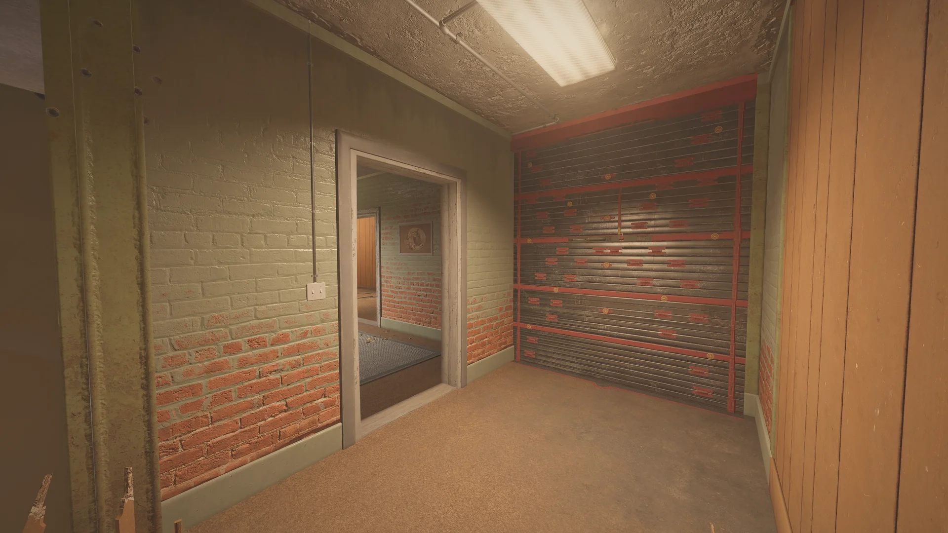 Small carpeted room on Oregon 1F with a red-braced reinforced shutter and a doorway opening to a brick-walled room