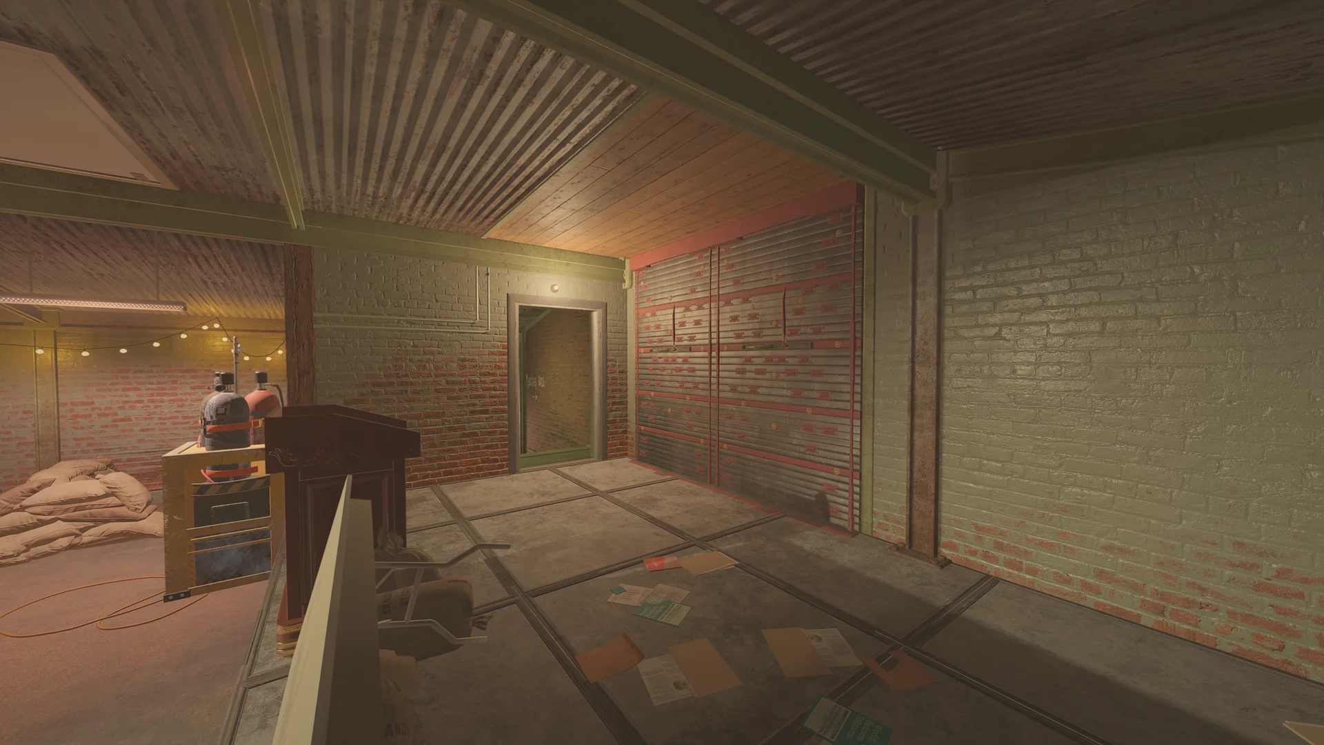 Brick room on Oregon 1F with a reinforced shutter, a wooden lectern, gas cylinders on a cart and sandbags beyond
