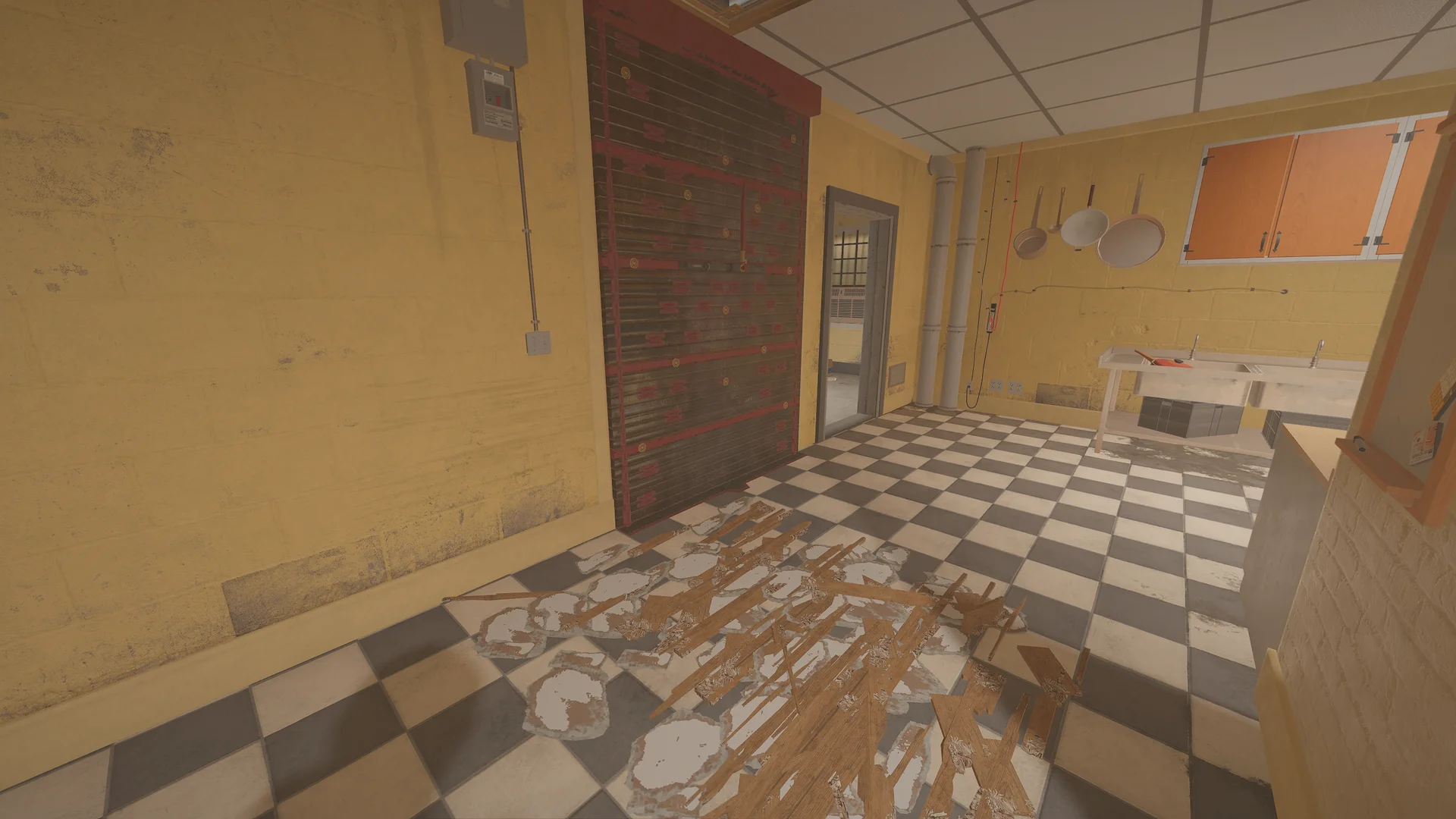 Kitchen on Oregon 1F with a reinforced shutter, hanging pans and broken floorboards scattered across checkered tiles