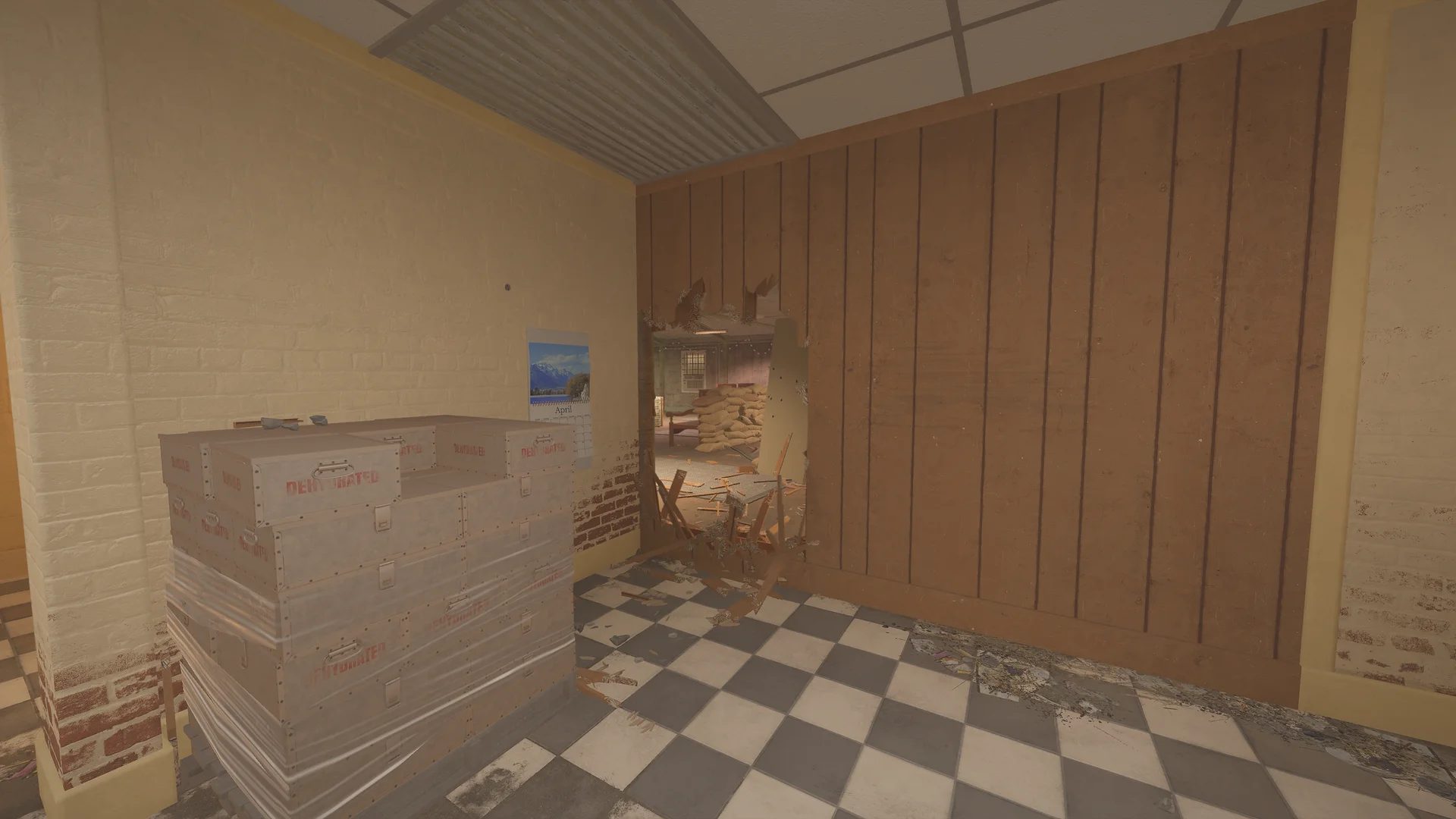Room on Oregon 1F with a shrink-wrapped pallet of stenciled cases and a breached wood-panel wall showing sandbags beyond