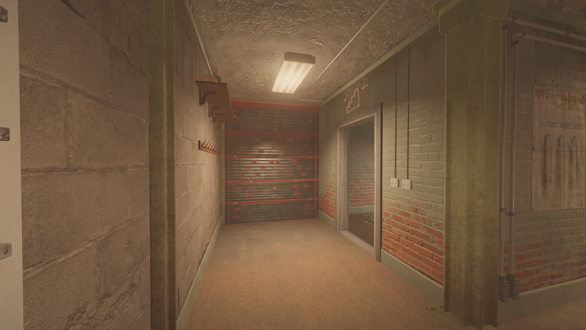 Hallway on Oregon 1F with a coat rack and shelf, a reinforced shutter at its end and an arrow sketched above a doorway