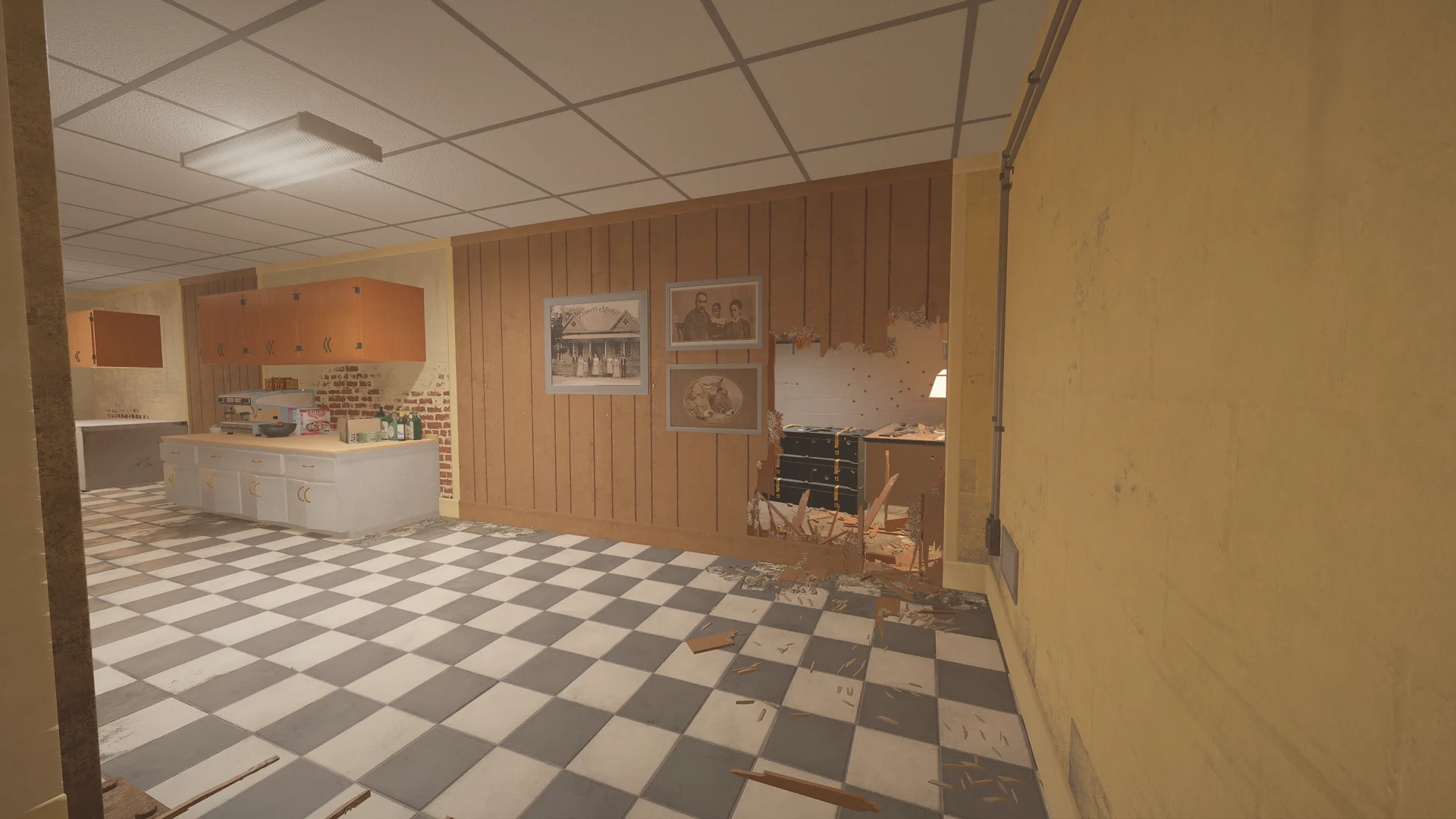 Wood-panelled wall on Oregon 1F hung with old photographs, breached at its base beside a counter with a coffee machine
