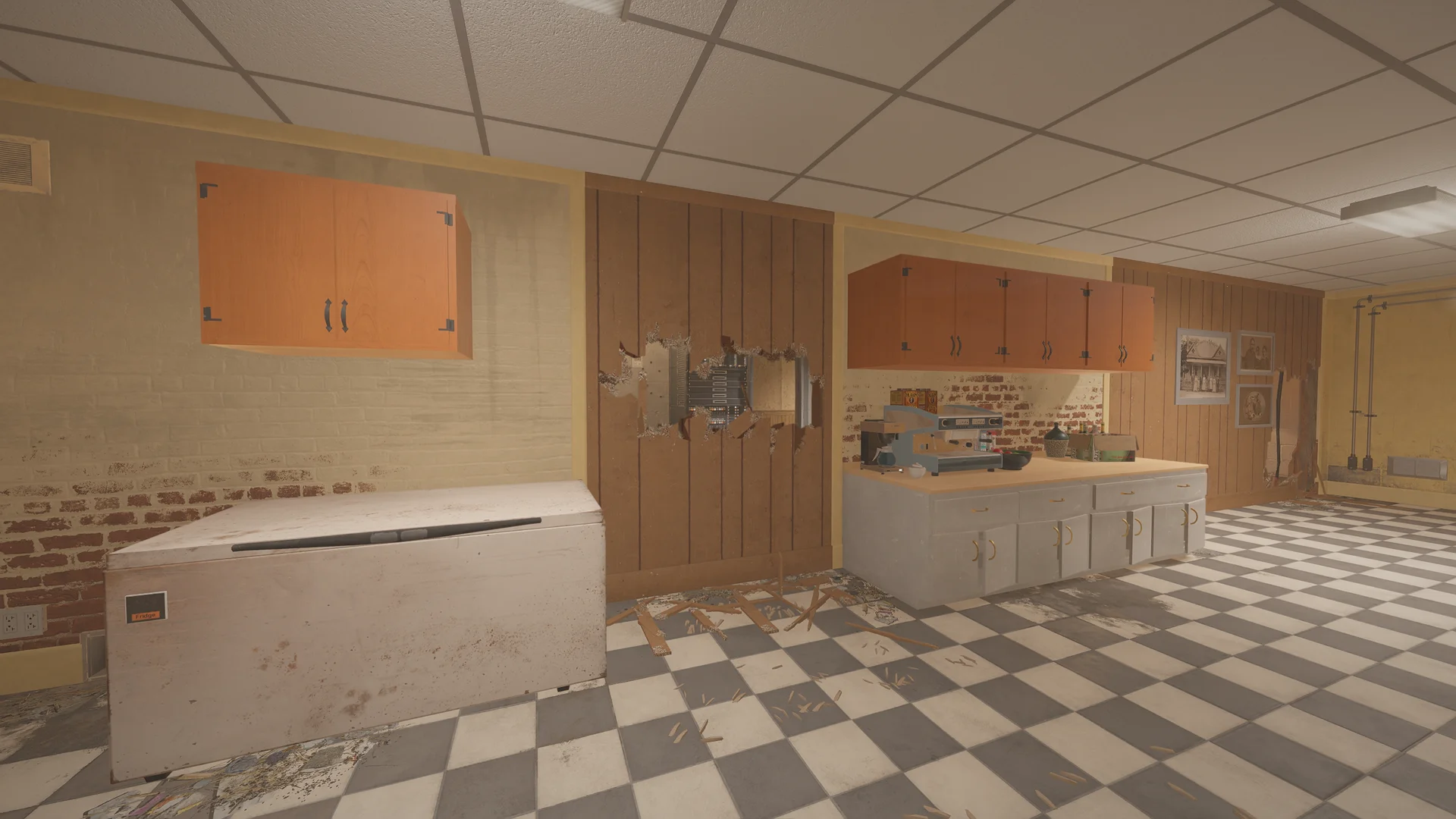 Kitchen counter on Oregon 1F with an espresso machine, a chest freezer and a breach hole exposing a metal panel behind