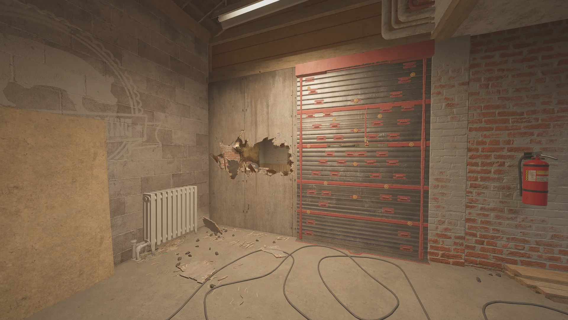 Room on Oregon with a breached plywood door beside a red-braced reinforced shutter, a radiator and a fire extinguisher