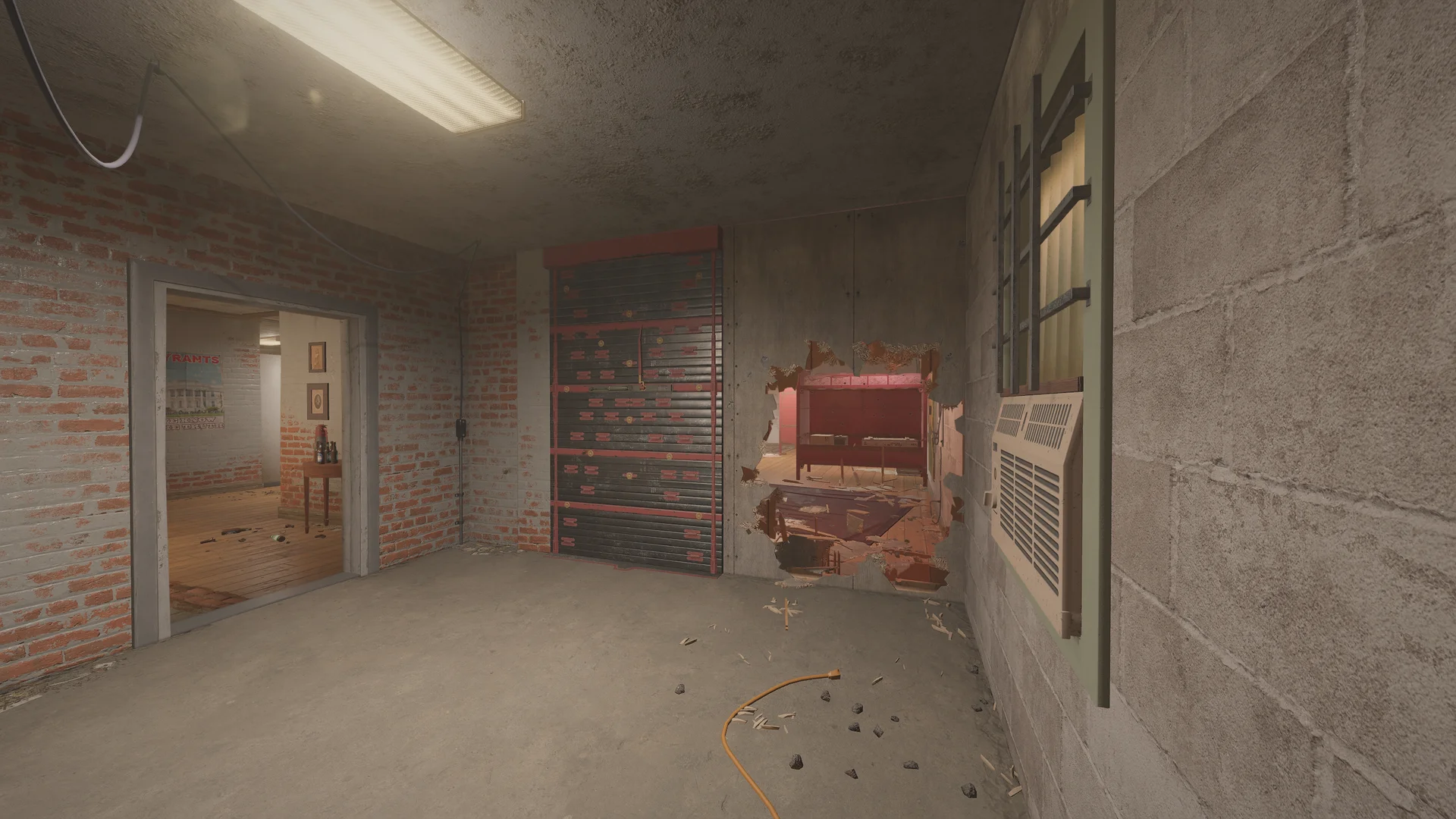 Concrete room on Oregon with a reinforced shutter and a wall breach opening to a red workbench, an AC unit at right