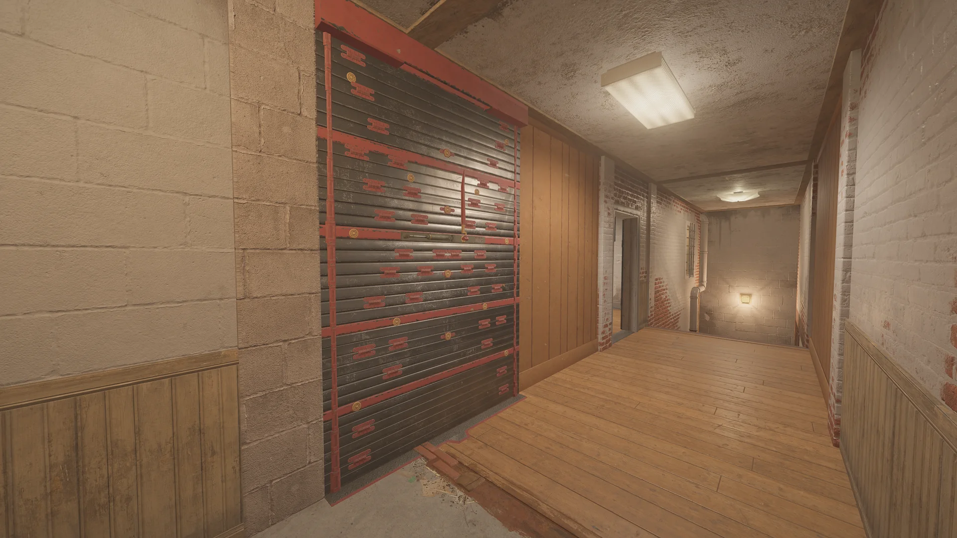 Hallway on Oregon 2F with a red-braced reinforced shutter along panelled walls and a lit doorway at its end