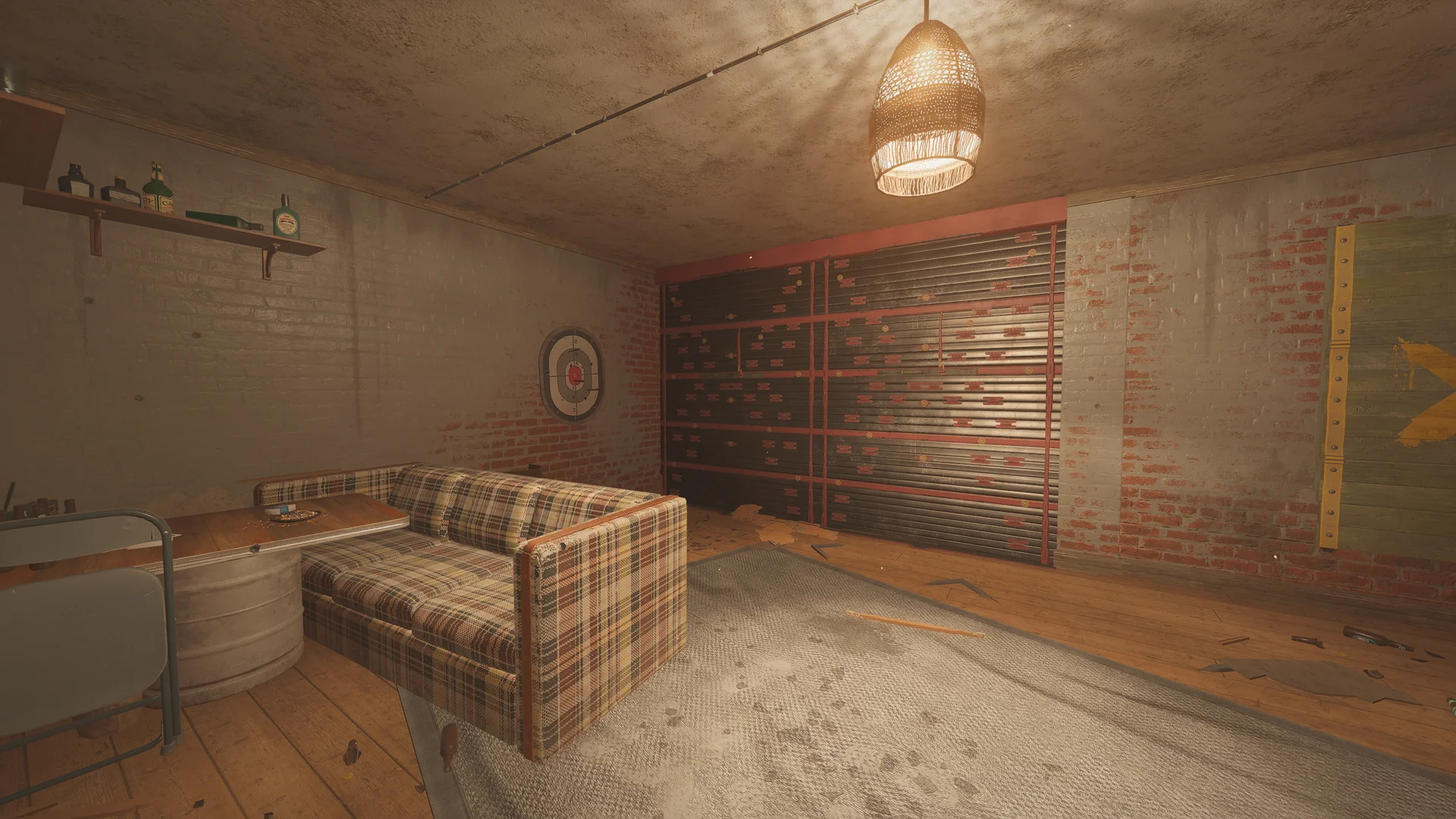 Den on Oregon 2F with a plaid sofa, a round target on the brick wall, a wicker pendant lamp and a reinforced shutter