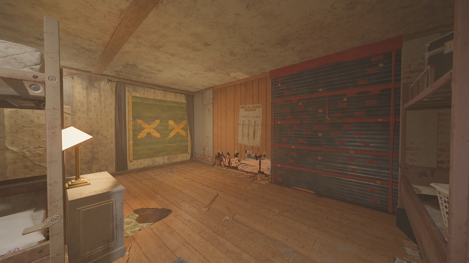 Dorm room on Oregon with bunk beds, a dresser lamp, a green panel marked with two X marks and a reinforced shutter