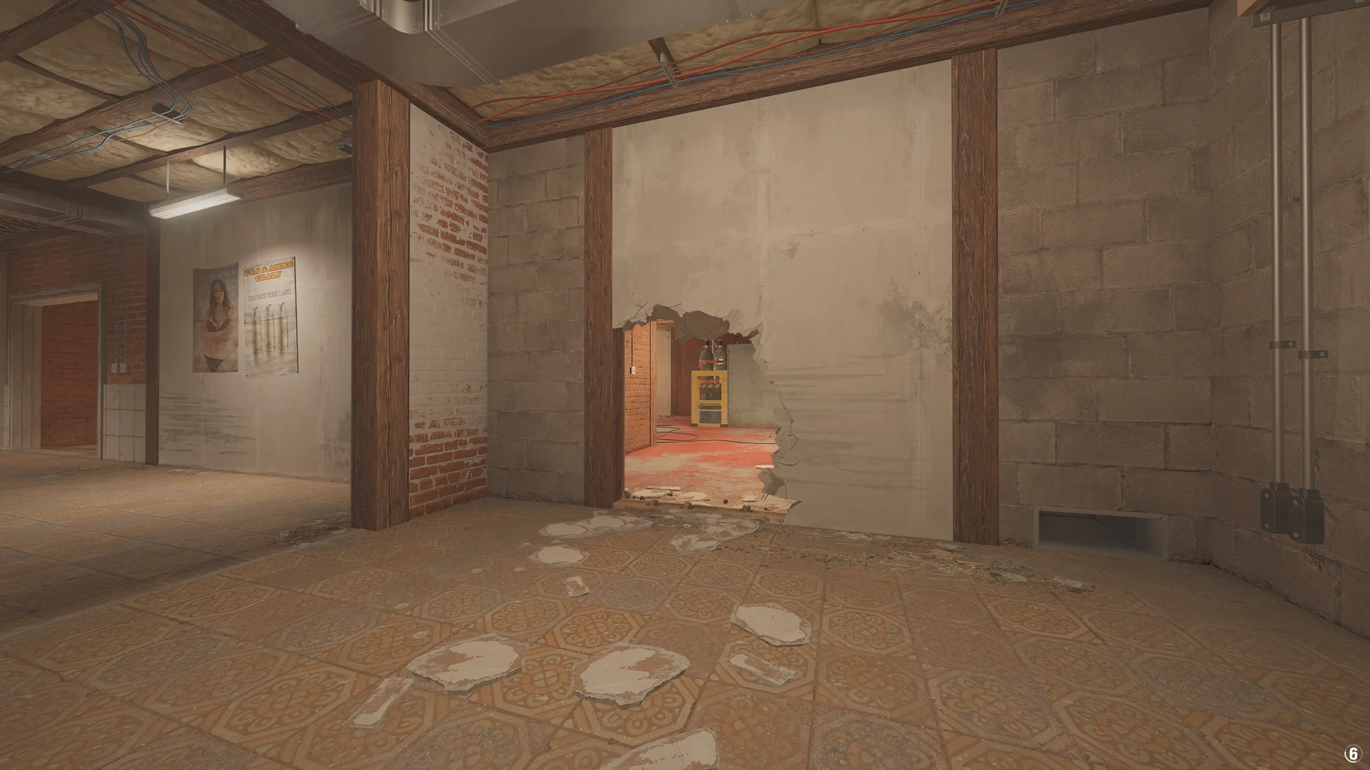 Hallway in the Oregon basement with posters on the wall and a large breach opening to a room with caged gas cylinders