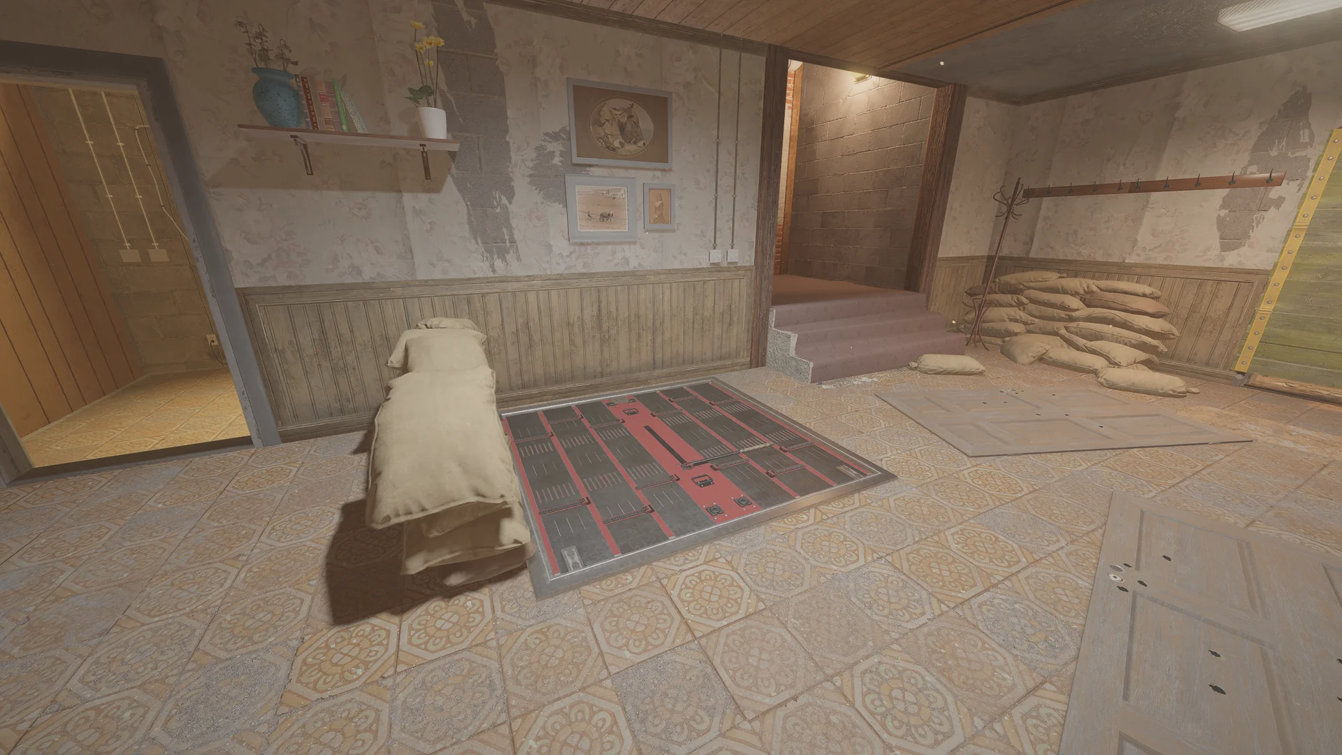 Wallpapered room in the Oregon basement with a reinforced floor hatch beside piled sandbags and carpeted stairs leading up